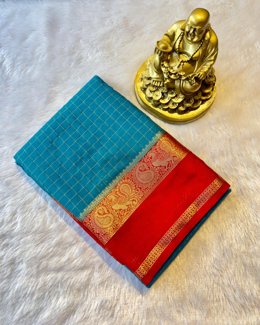 Semi Mysore Silk Checks with Peacock and mango Border