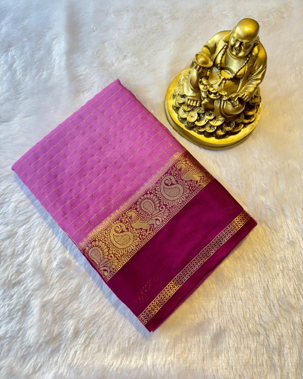 Semi Mysore Silk Checks with Peacock and mango Border