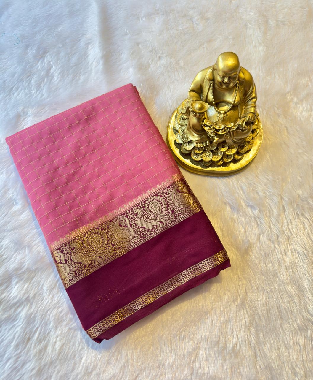 Semi Mysore Silk Checks with Peacock and mango Border