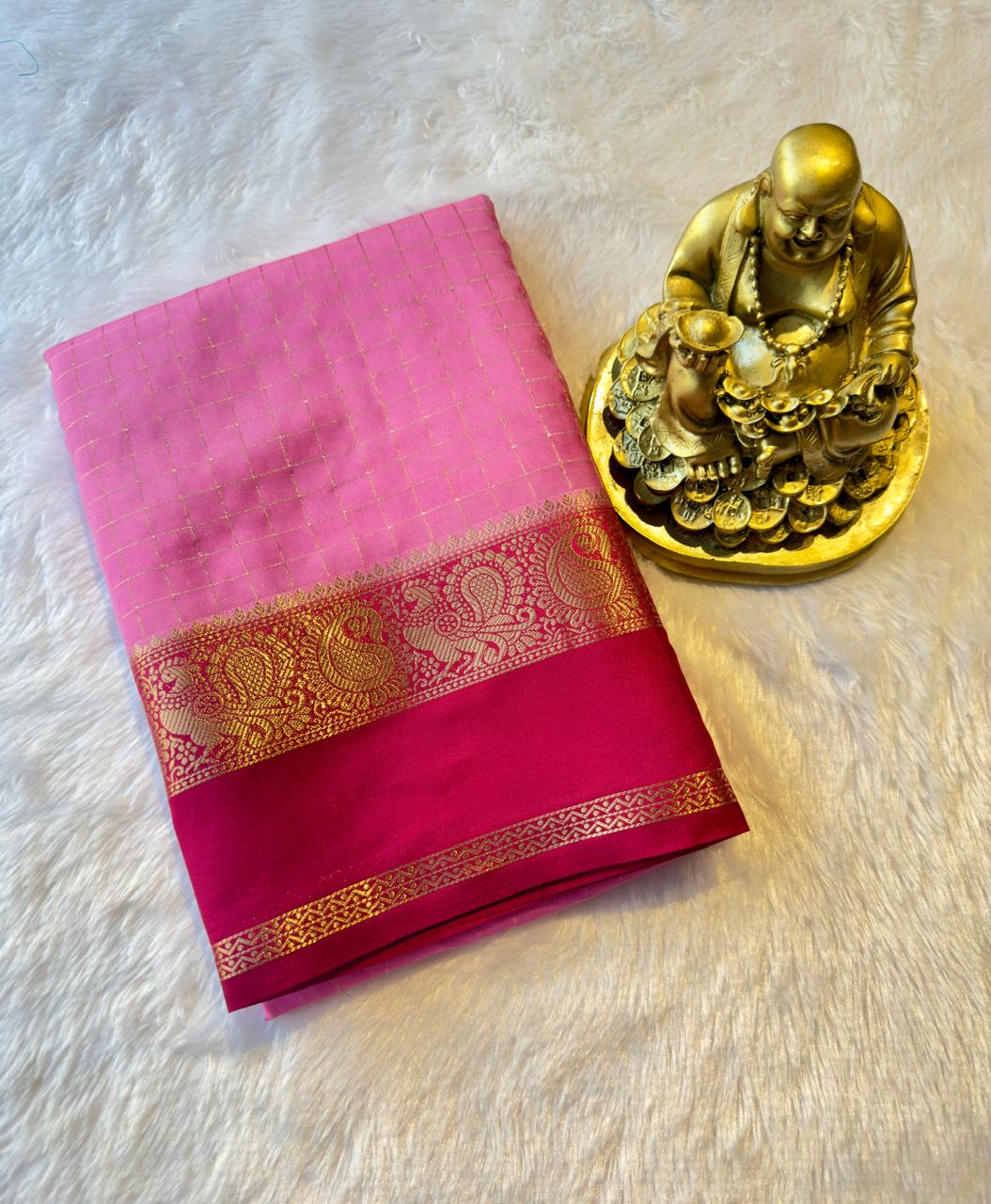 Semi Mysore Silk Checks with Peacock and mango Border