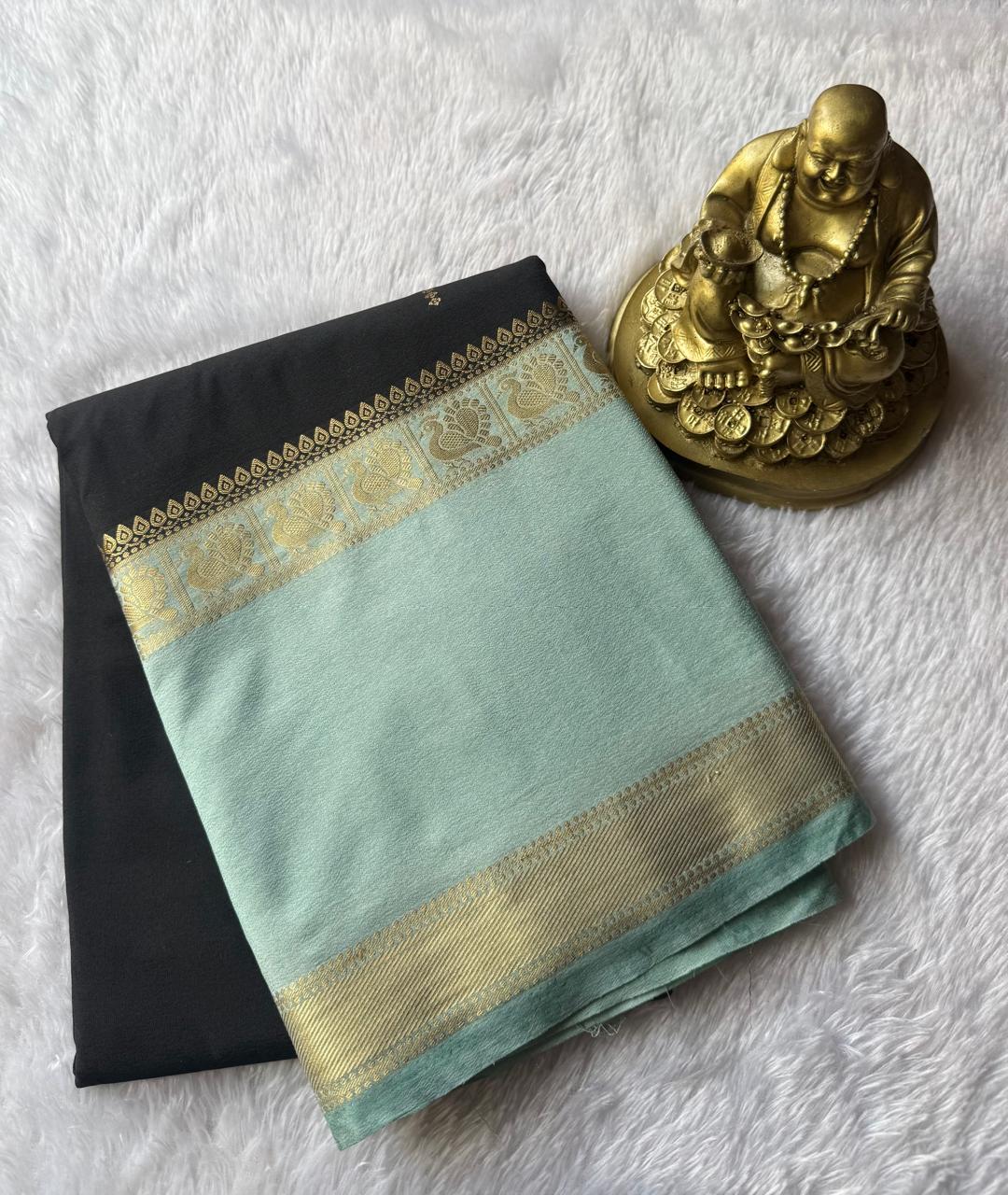 Semi Mysore Silk Small Flower Butta With Peacock Border, Washable