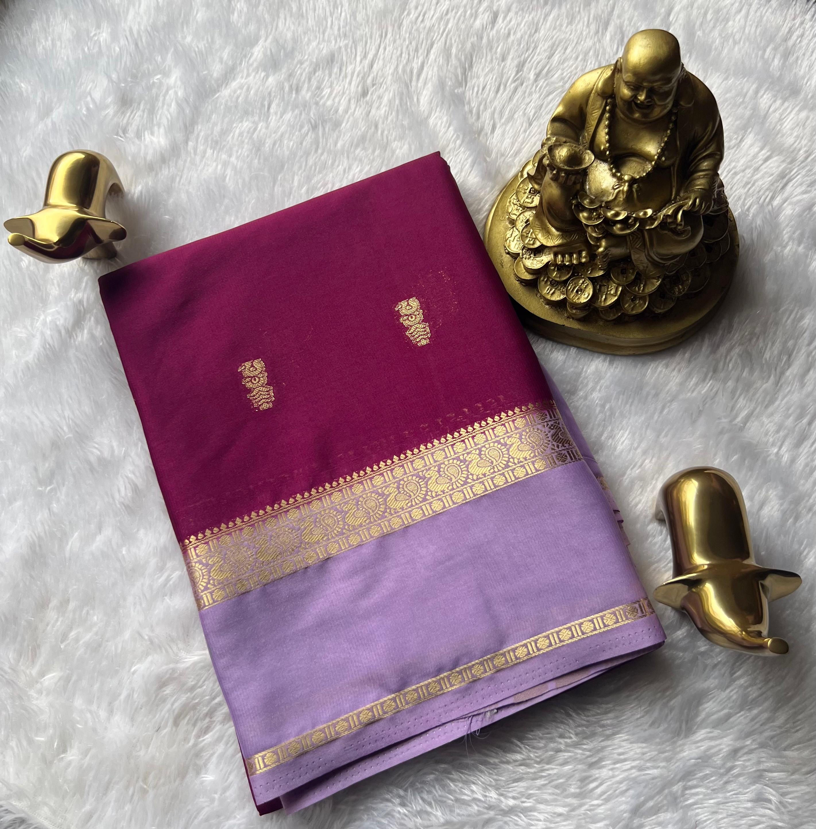 Semi Mysore Silk Small Pecock Butta With Pecock Border, Washable