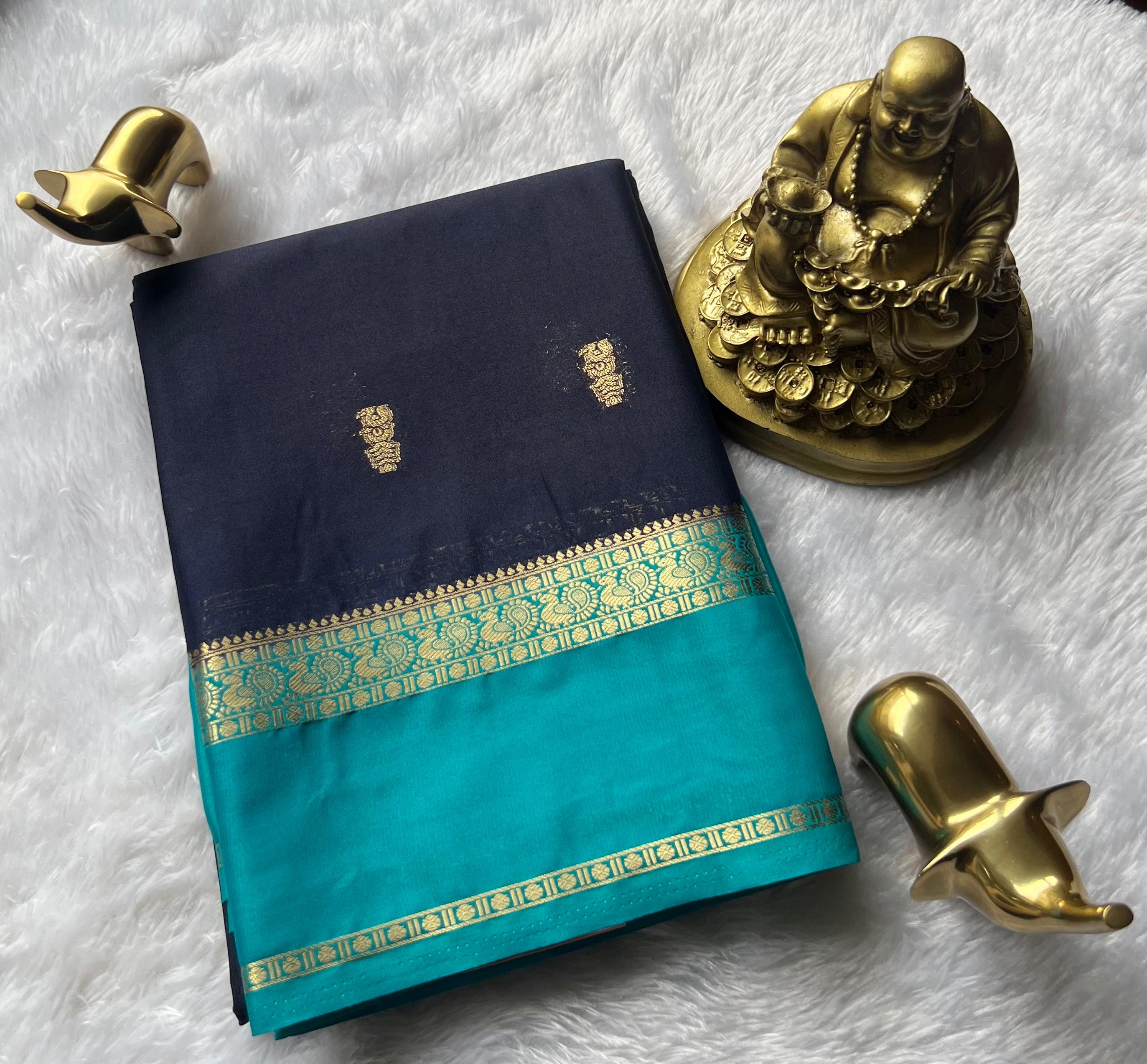 Semi Mysore Silk Small Pecock Butta With Pecock Border, Washable