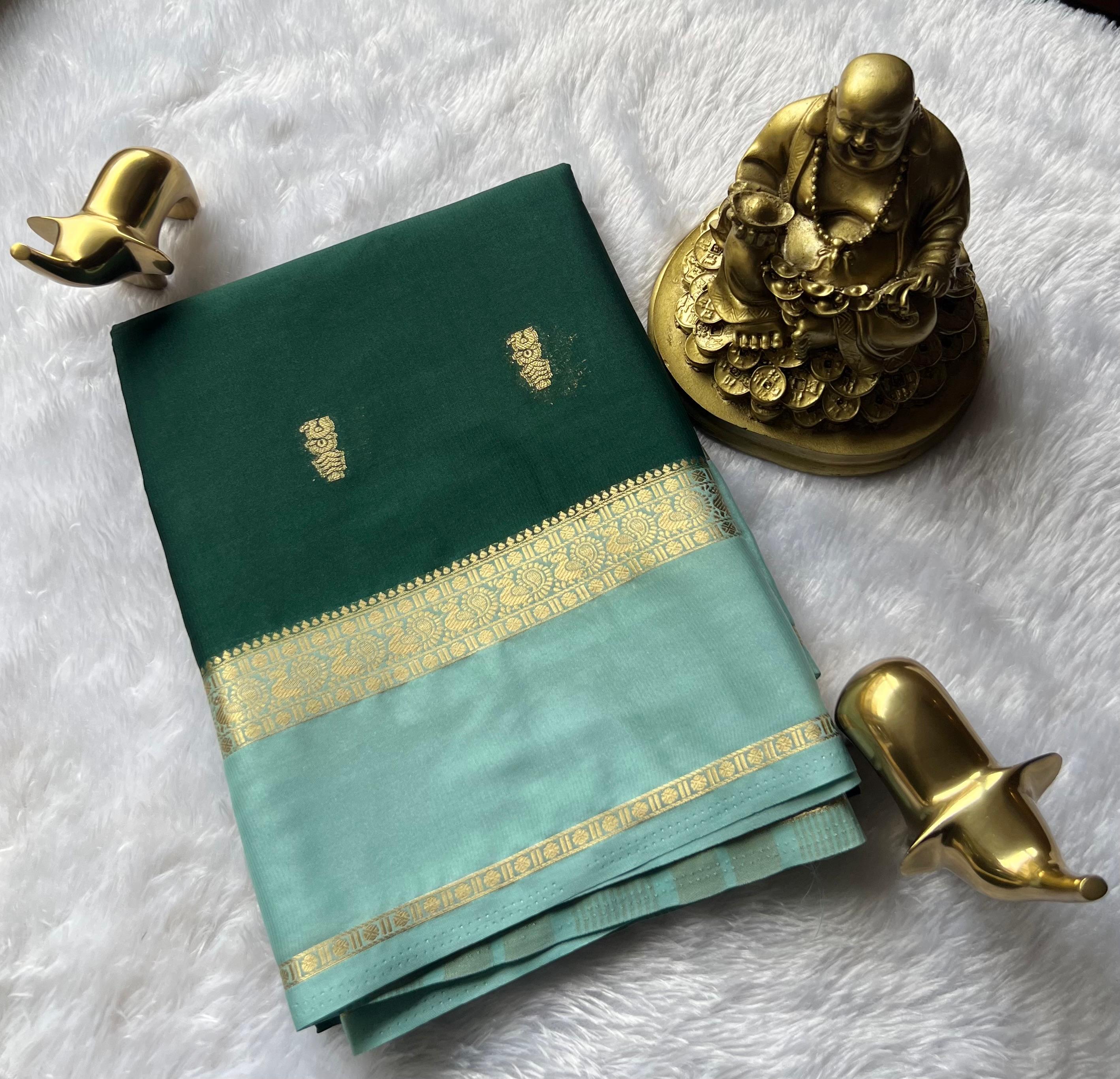 Semi Mysore Silk Small Pecock Butta With Pecock Border, Washable