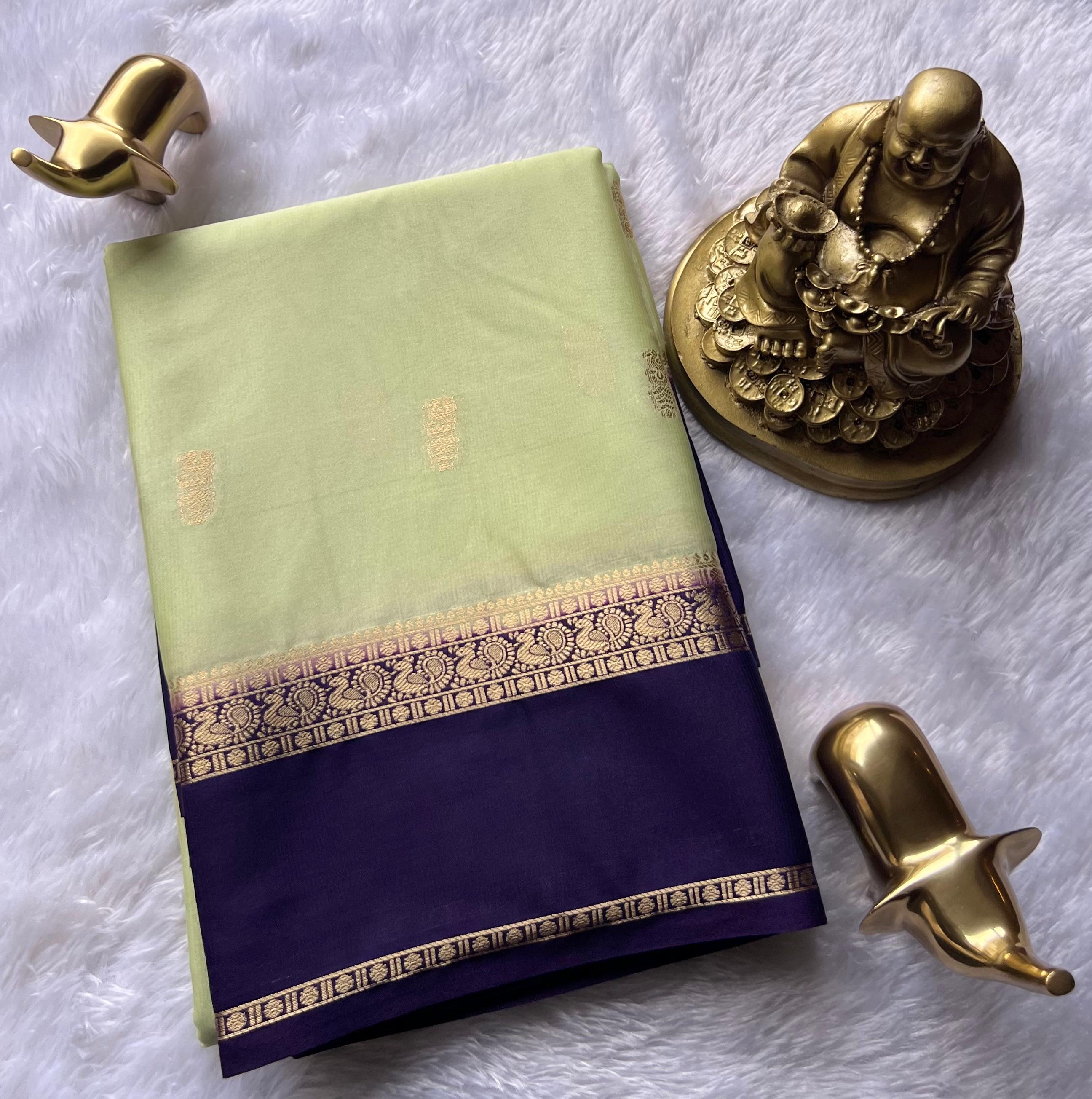 Semi Mysore Silk Small Pecock Butta With Pecock Border, Washable