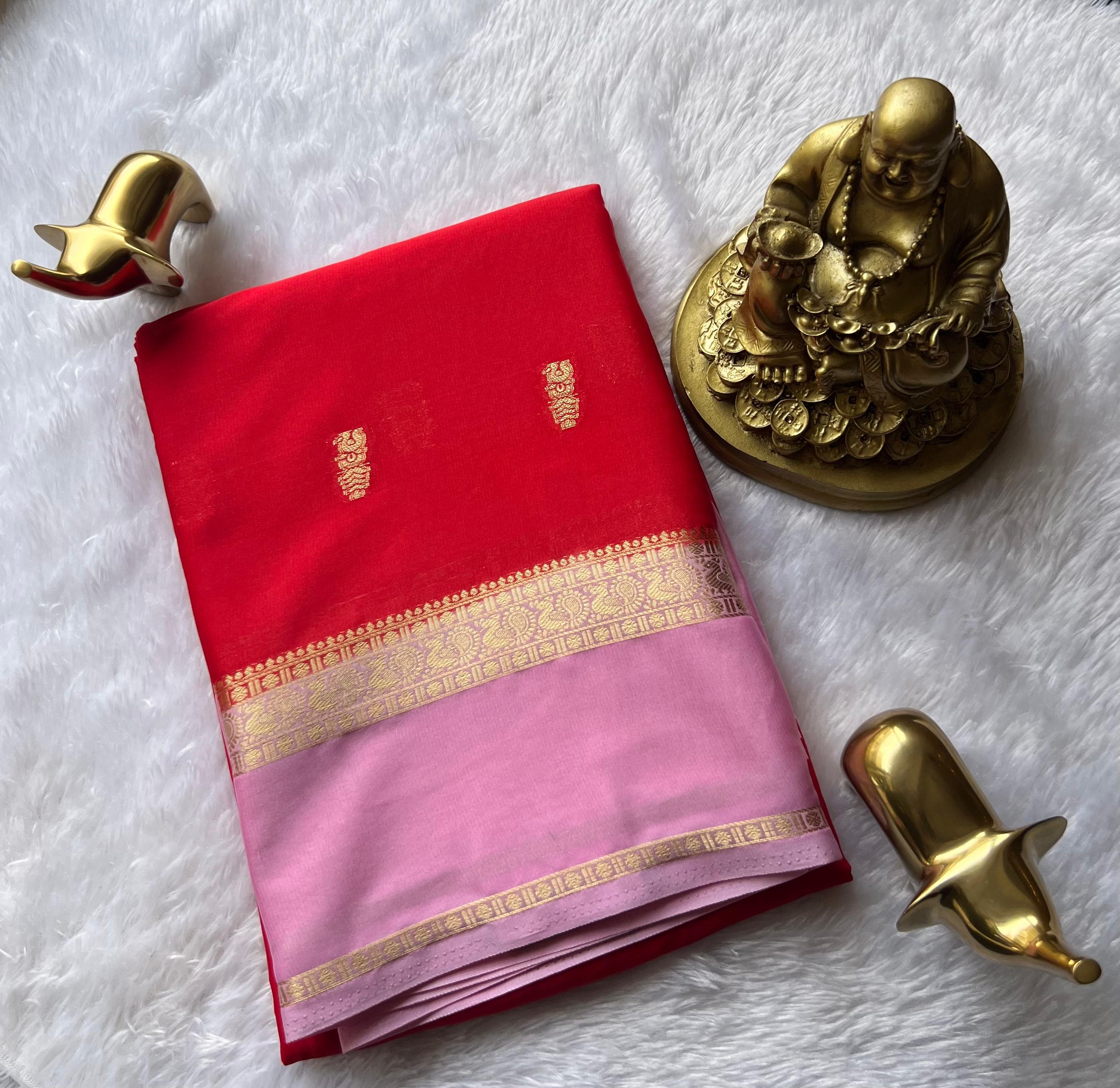 Semi Mysore Silk Small Pecock Butta With Pecock Border, Washable
