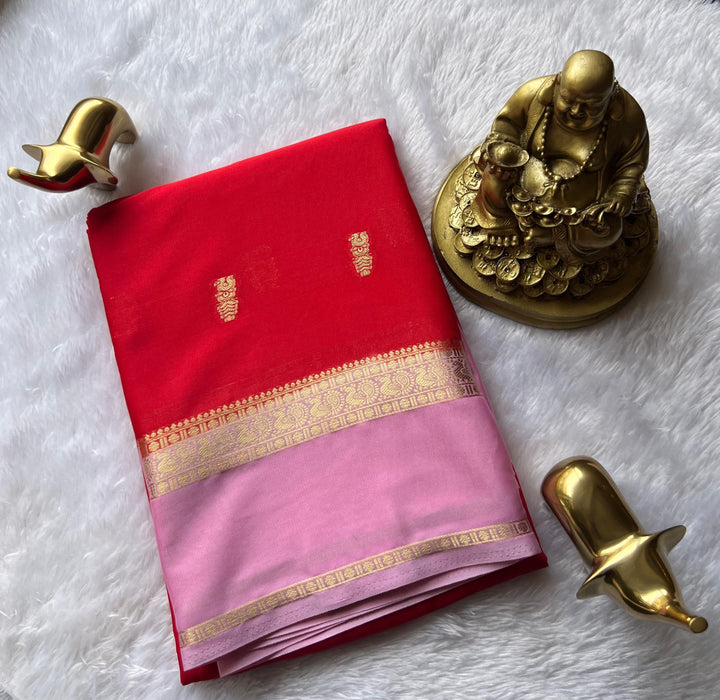 Semi Mysore Silk Small Pecock Butta With Pecock Border, Washable