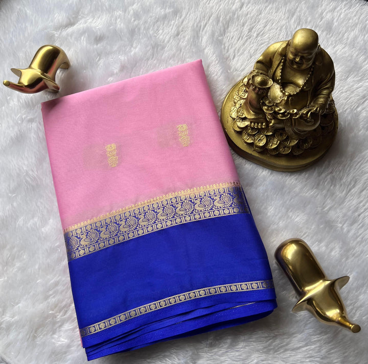Semi Mysore Silk Small Pecock Butta With Pecock Border, Washable