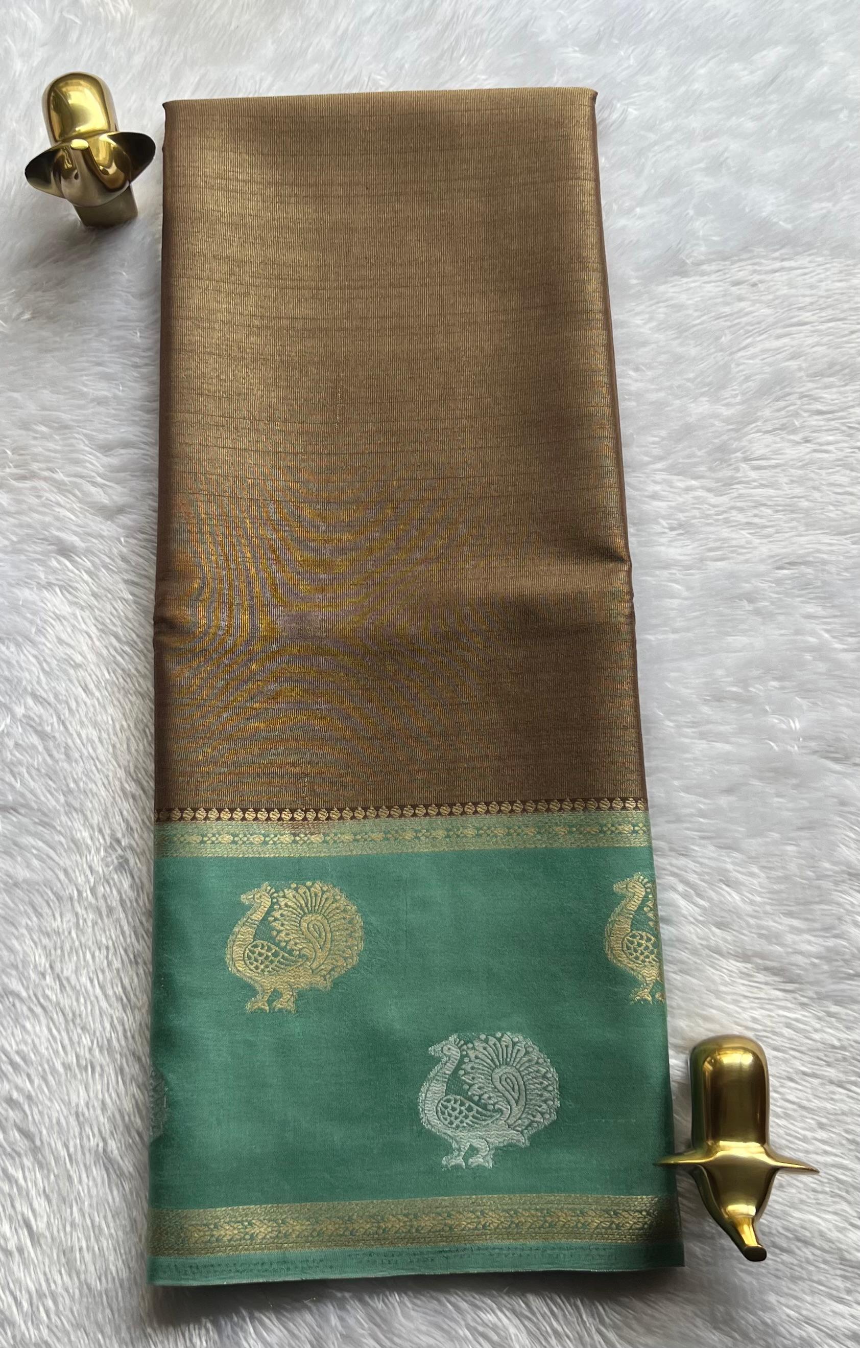 Semi Mysore Silk Full Zari With Peacock Motif Border, Washable