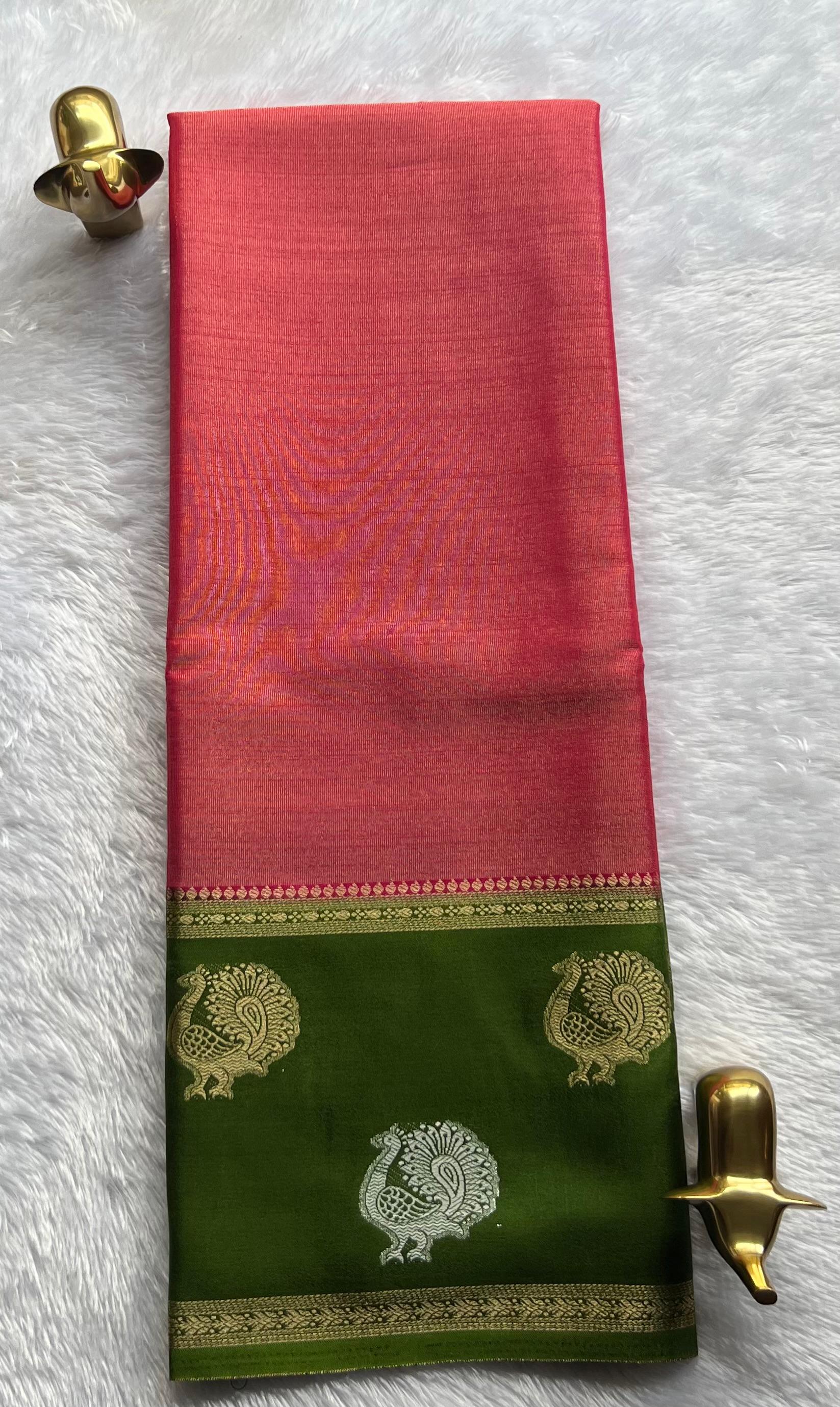 Semi Mysore Silk Full Zari With Peacock Motif Border, Washable
