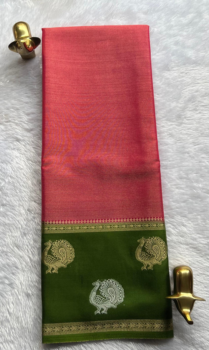 Semi Mysore Silk Full Zari With Peacock Motif Border, Washable