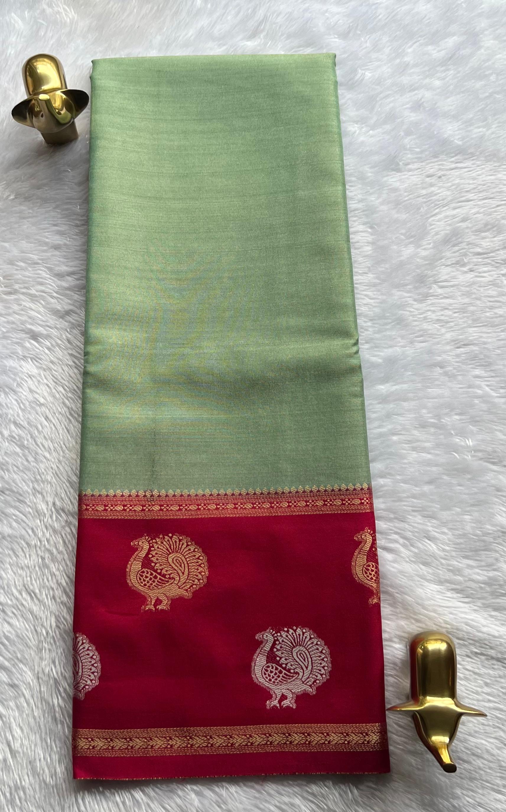 Semi Mysore Silk Full Zari With Peacock Motif Border, Washable