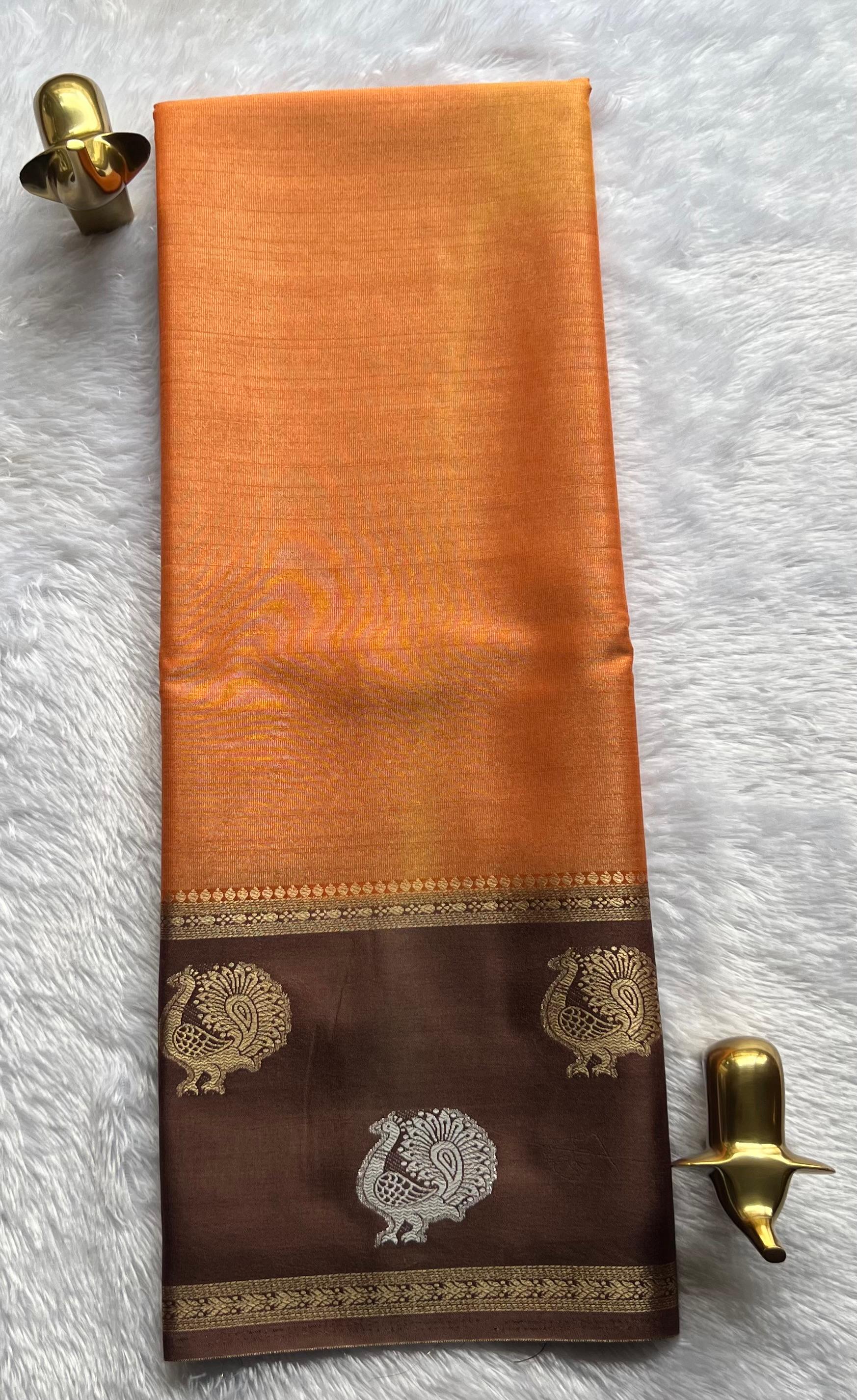 Semi Mysore Silk Full Zari With Peacock Motif Border, Washable
