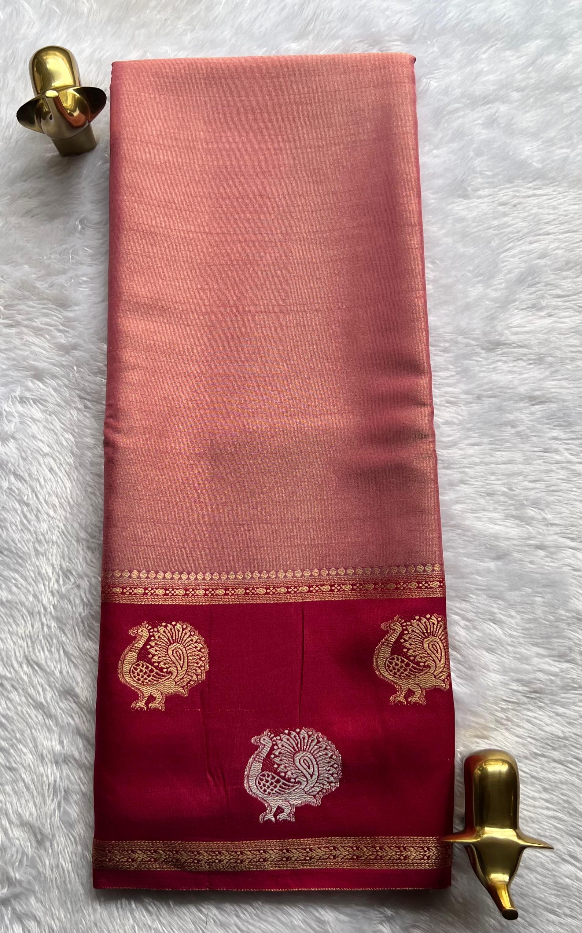 Semi Mysore Silk Full Zari With Peacock Motif Border, Washable