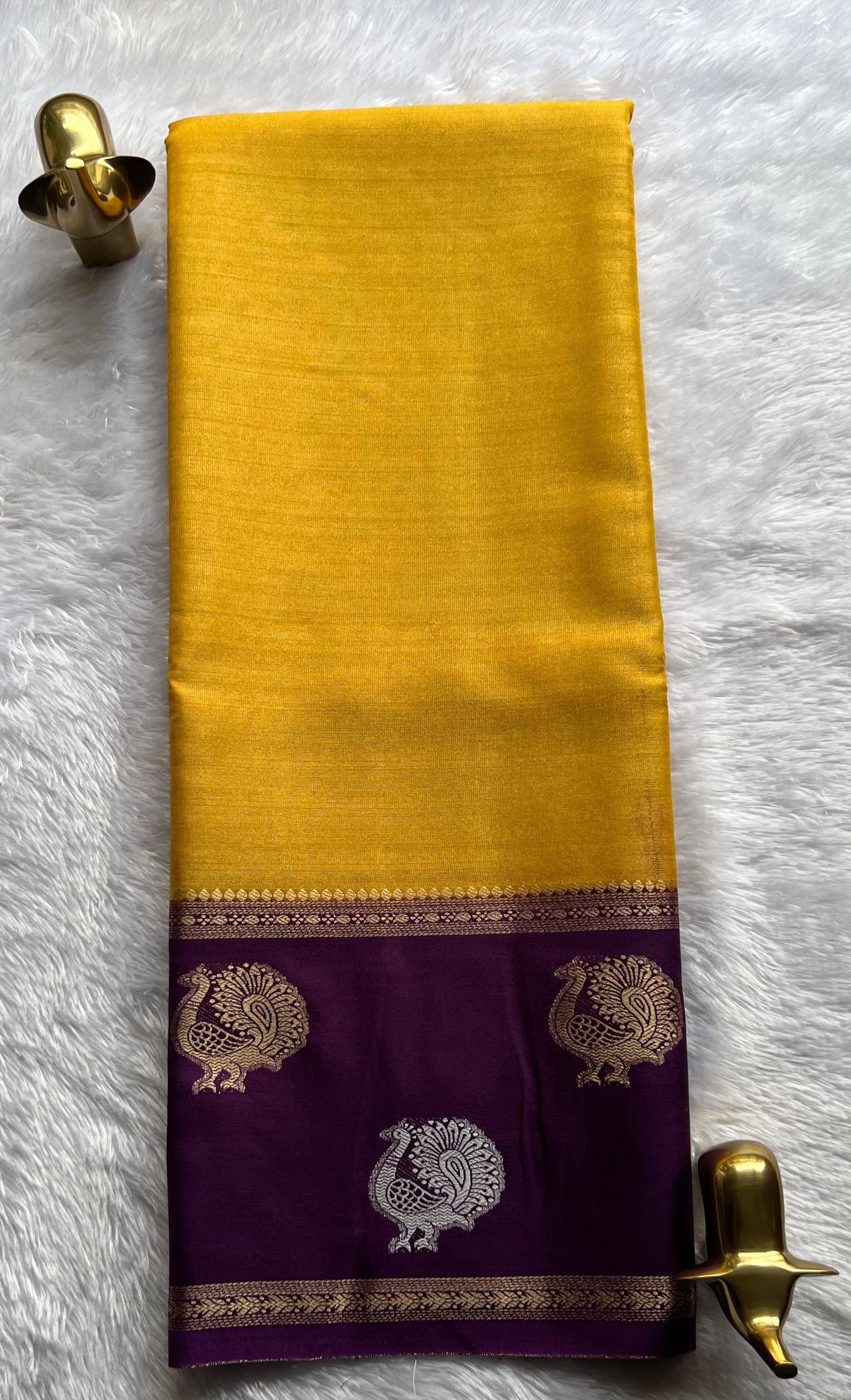 Semi Mysore Silk Full Zari With Peacock Motif Border, Washable