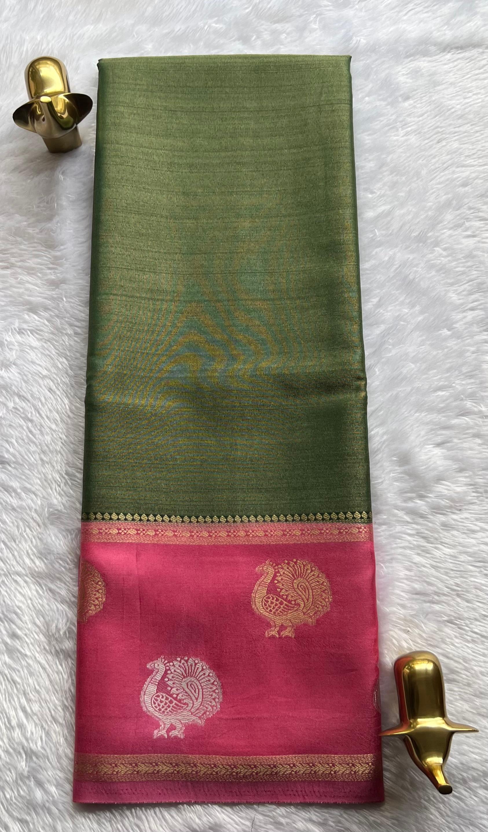 Semi Mysore Silk Full Zari With Peacock Motif Border, Washable