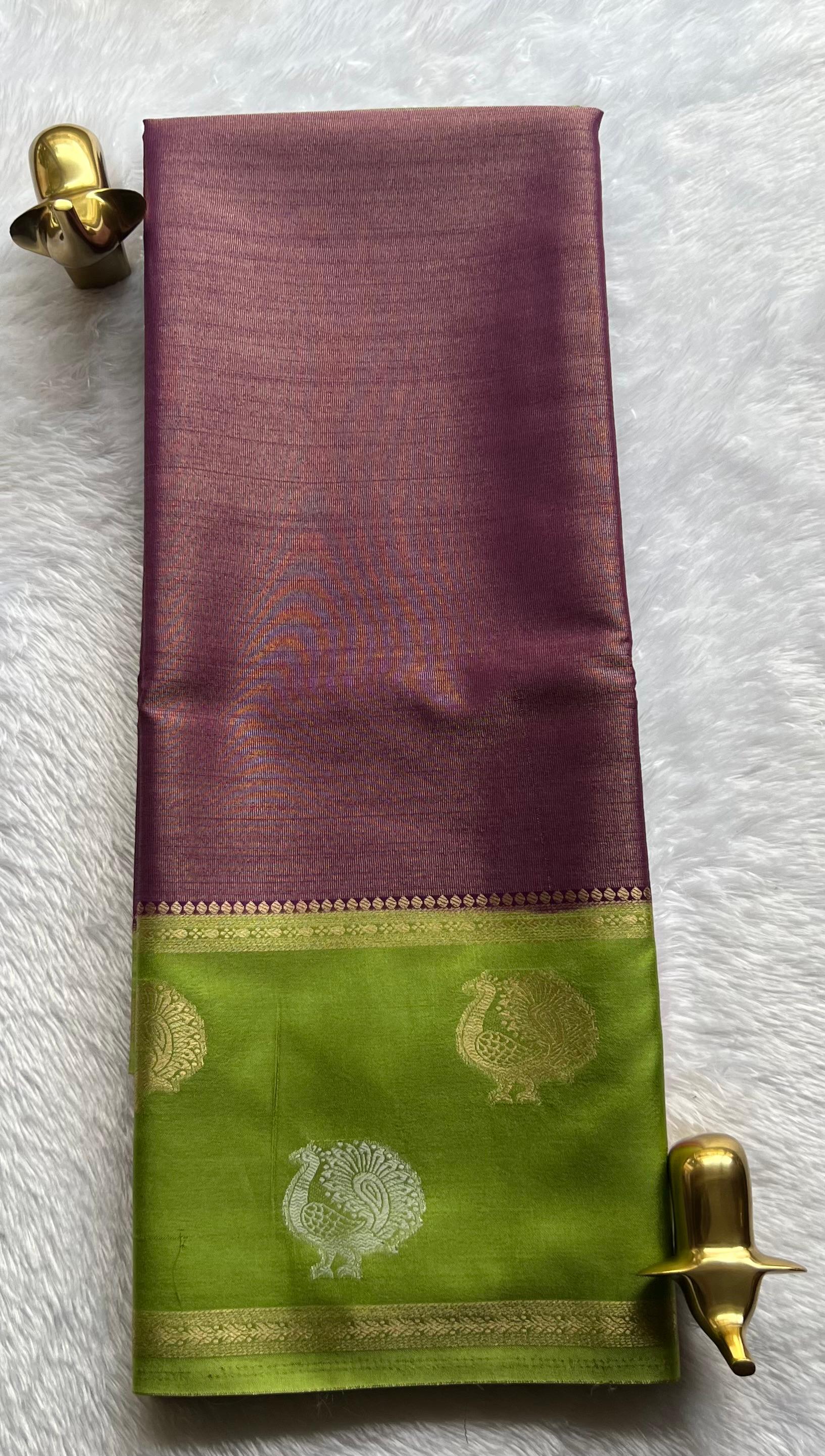 Semi Mysore Silk Full Zari With Peacock Motif Border, Washable