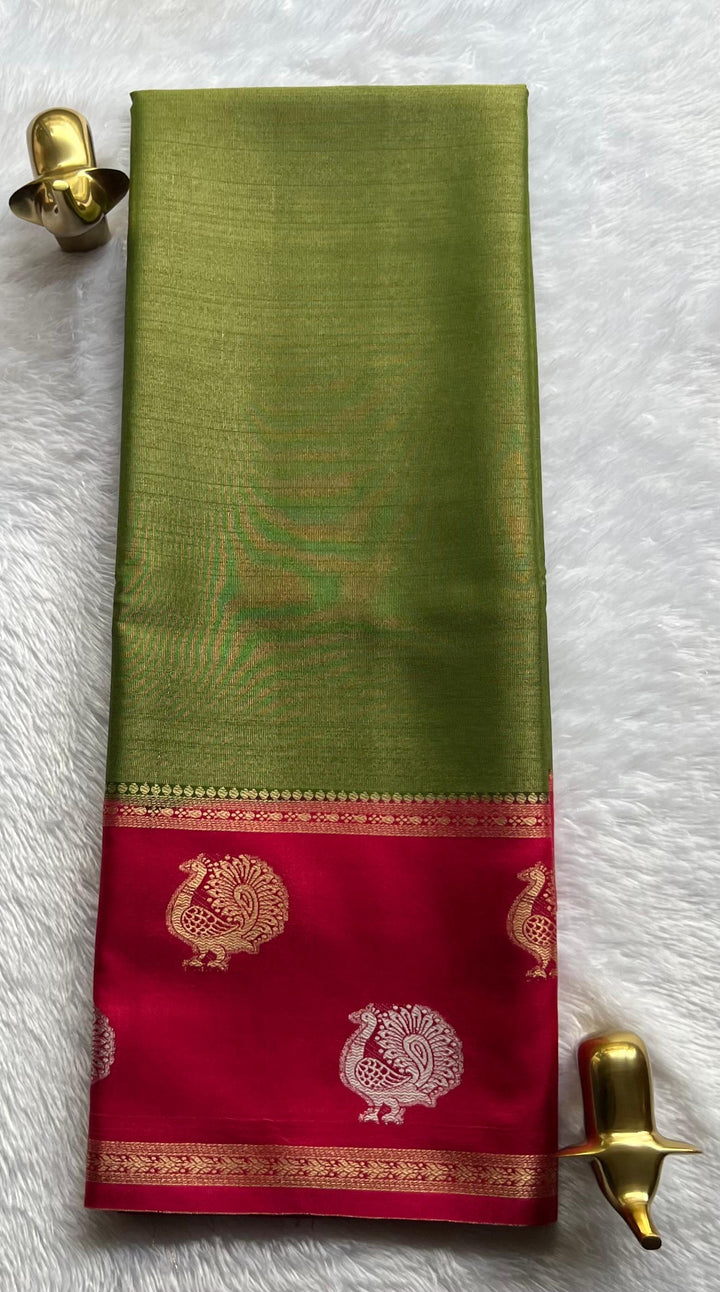 Semi Mysore Silk Full Zari With Peacock Motif Border, Washable