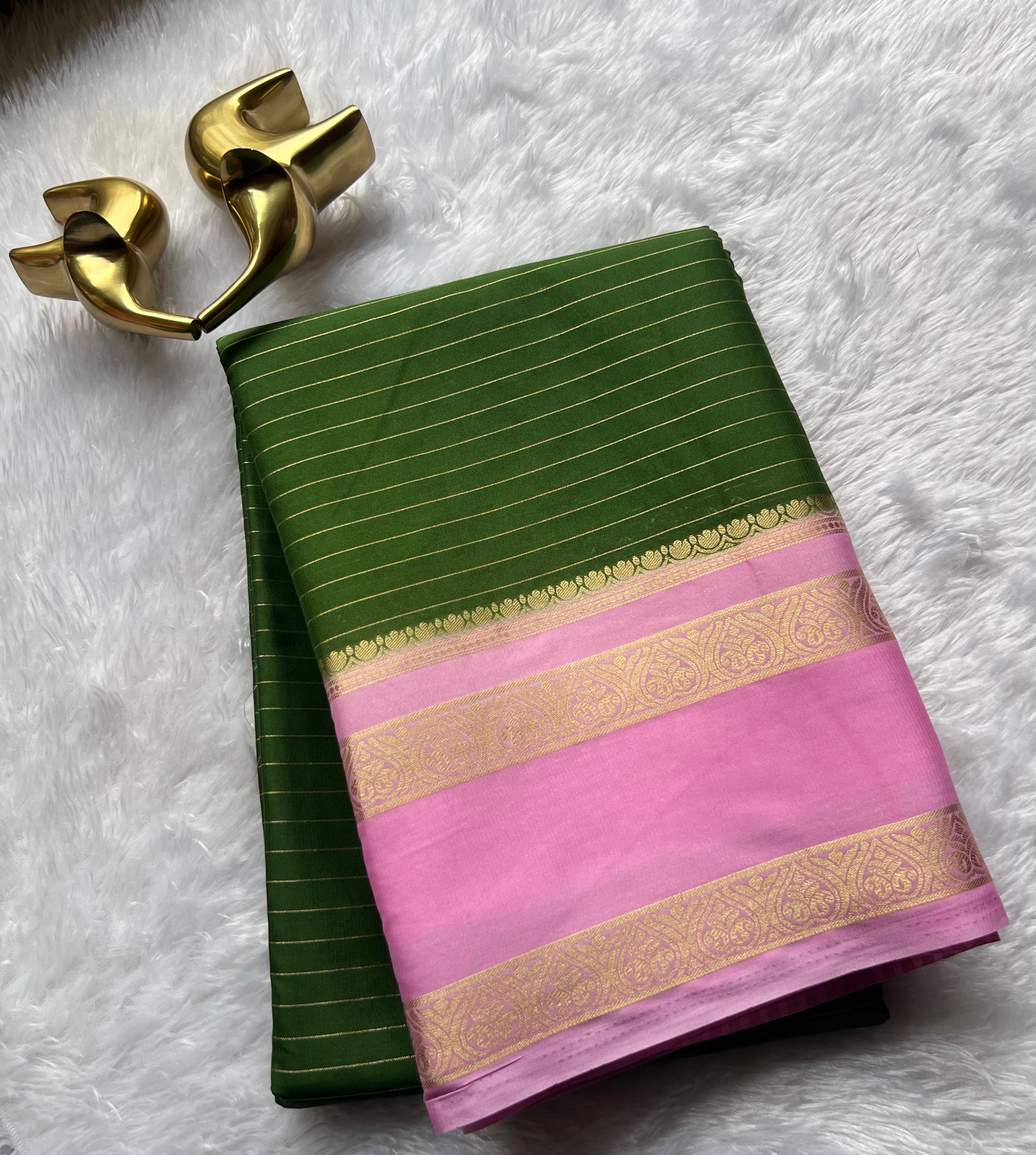 Semi Mysore Silk Small Strip And Double Mango Betex Border, Washable