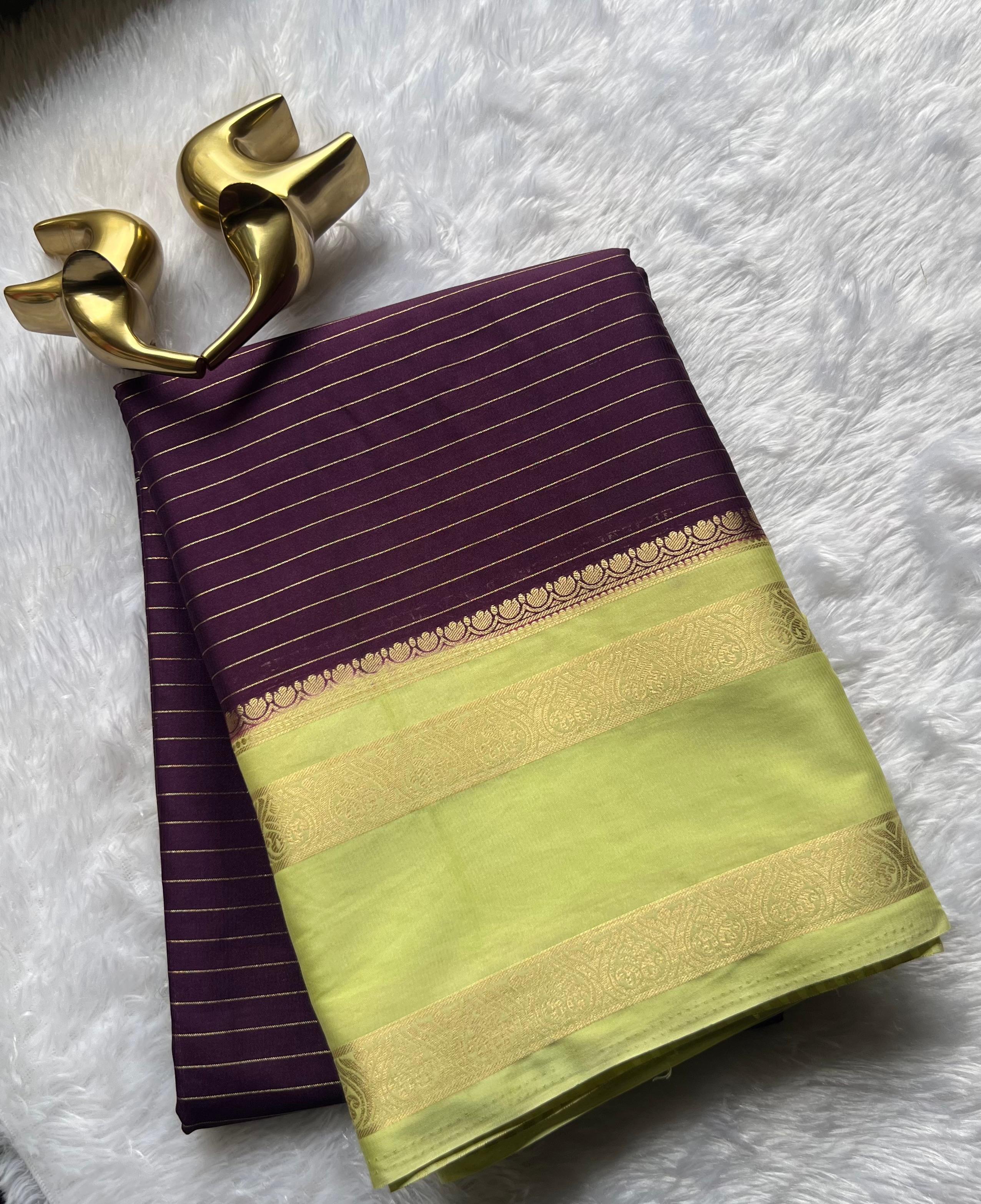 Semi Mysore Silk Small Strip And Double Mango Betex Border, Washable