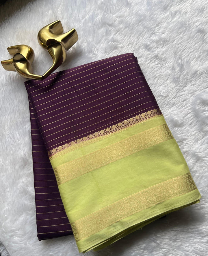 Semi Mysore Silk Small Strip And Double Mango Betex Border, Washable