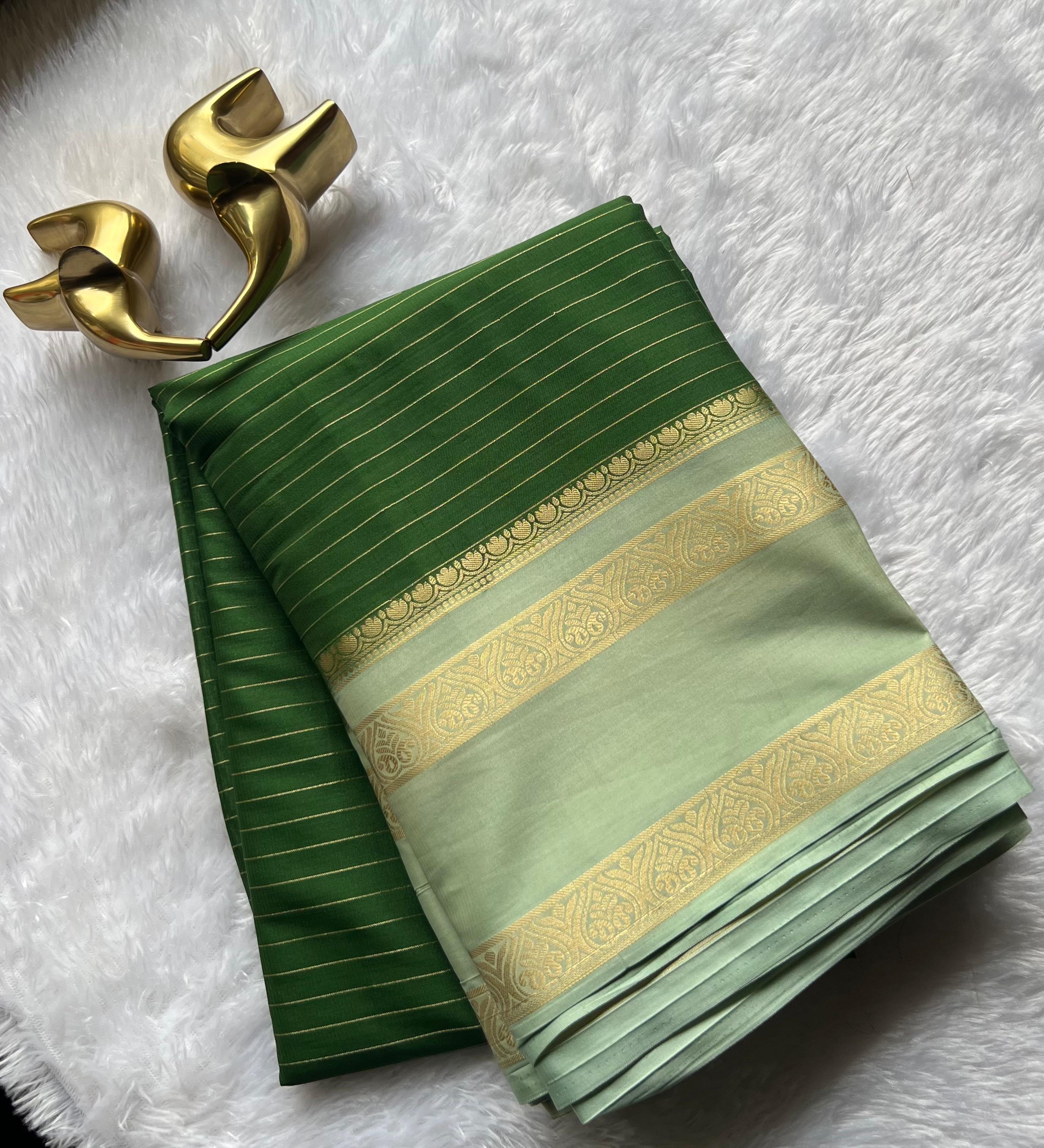 Semi Mysore Silk Small Strip And Double Mango Betex Border, Washable