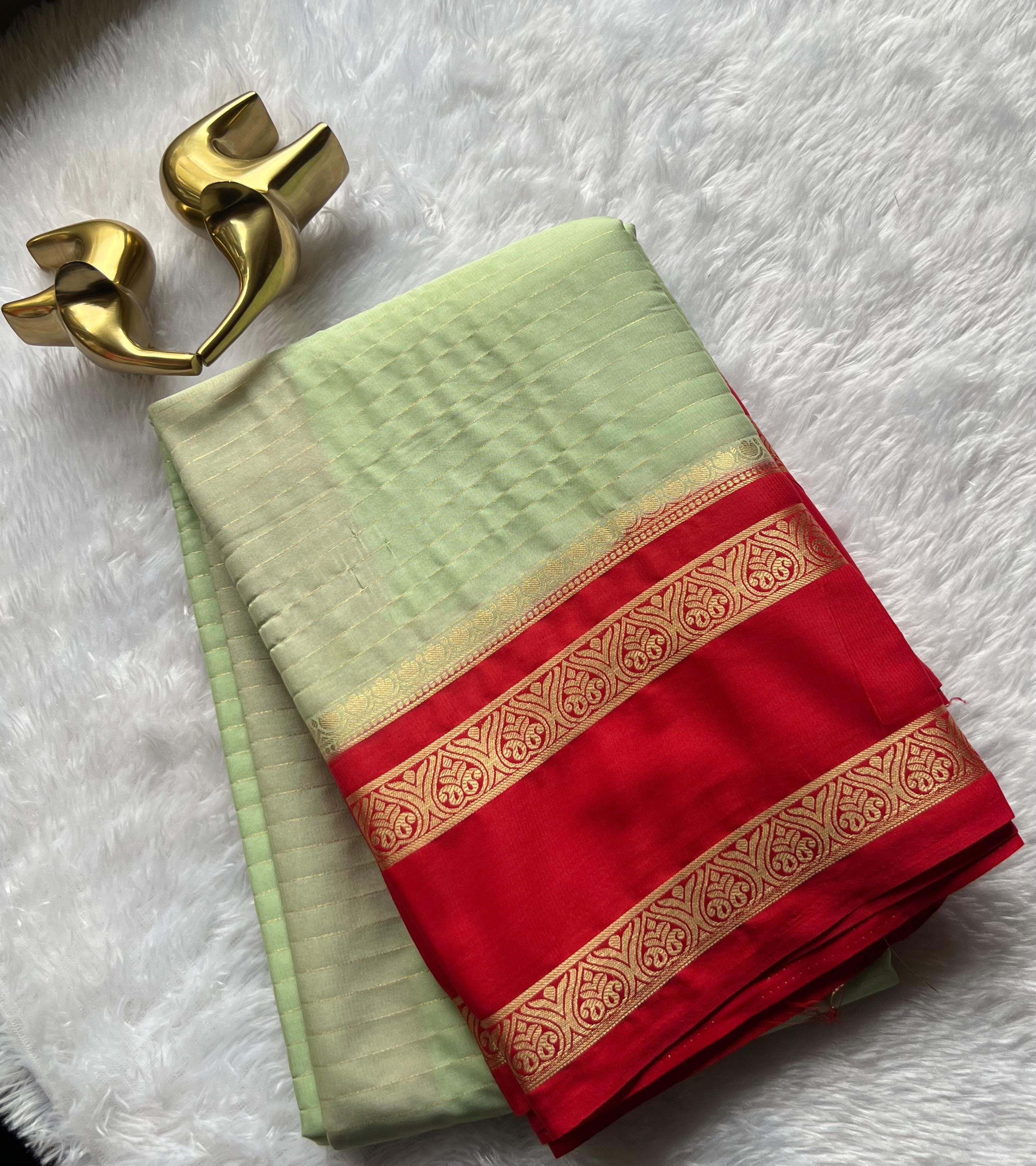Semi Mysore Silk Small Strip And Double Mango Betex Border, Washable