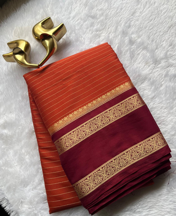 Semi Mysore Silk Small Strip And Double Mango Betex Border, Washable