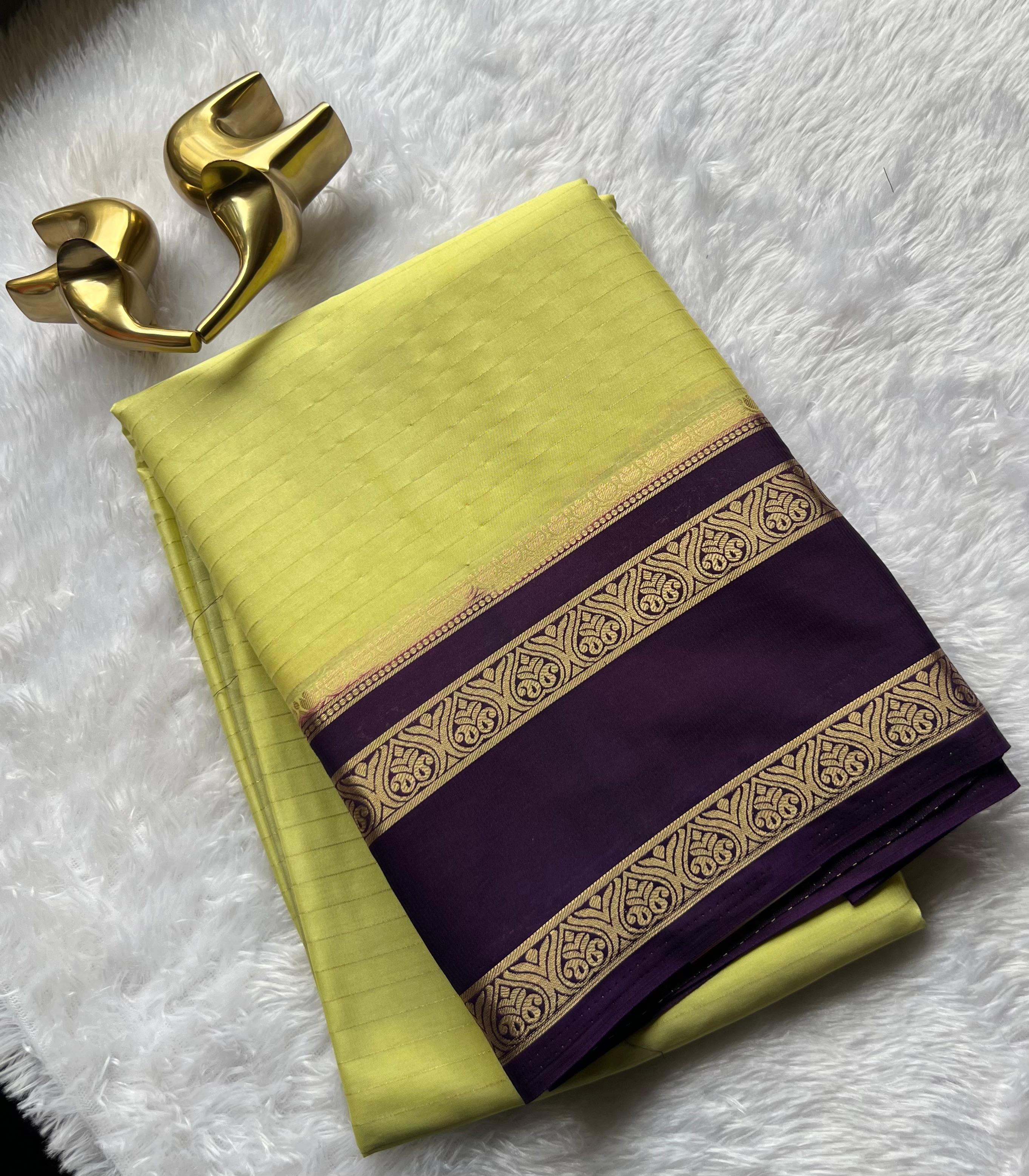 Semi Mysore Silk Small Strip And Double Mango Betex Border, Washable