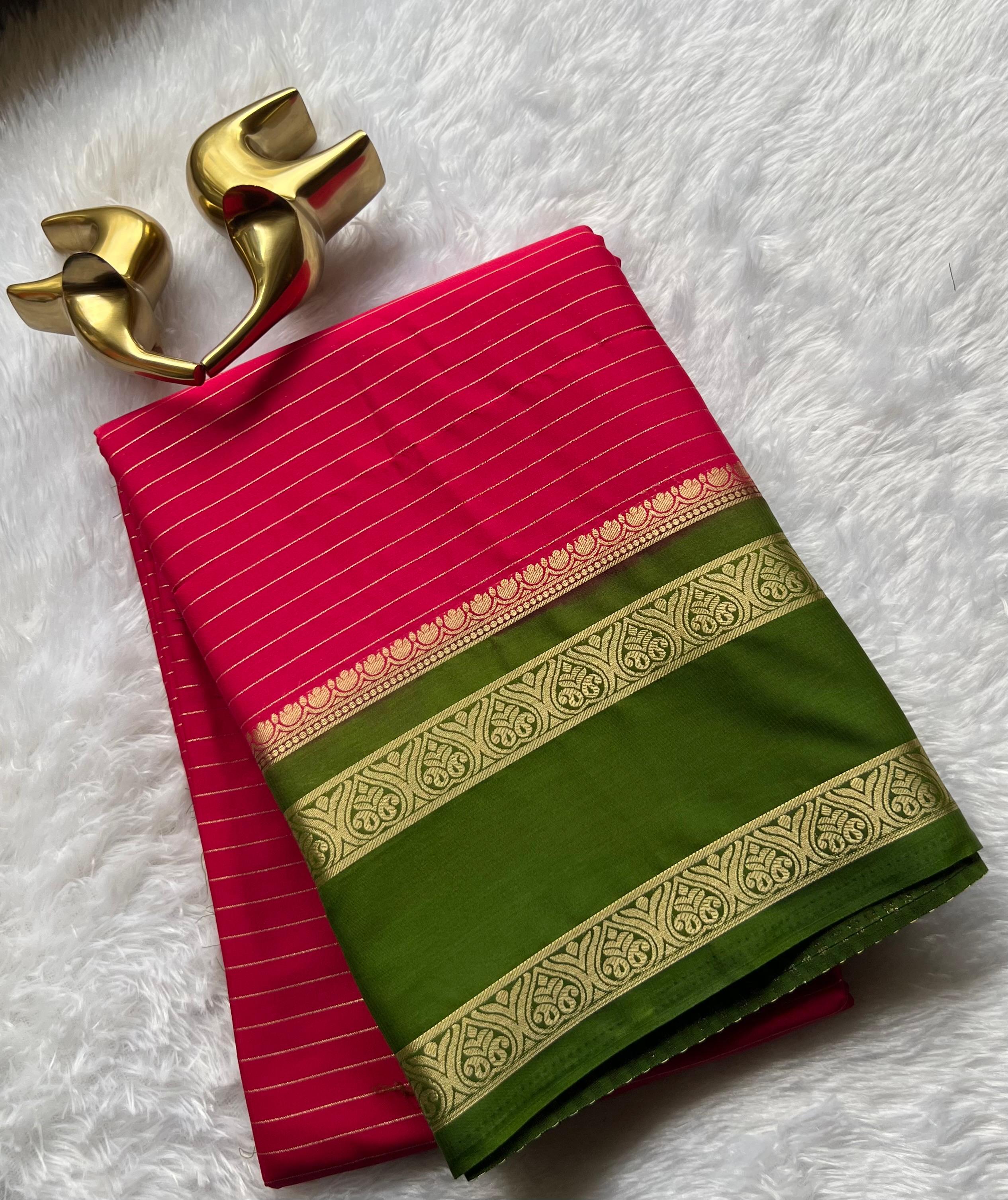 Semi Mysore Silk Small Strip And Double Mango Betex Border, Washable