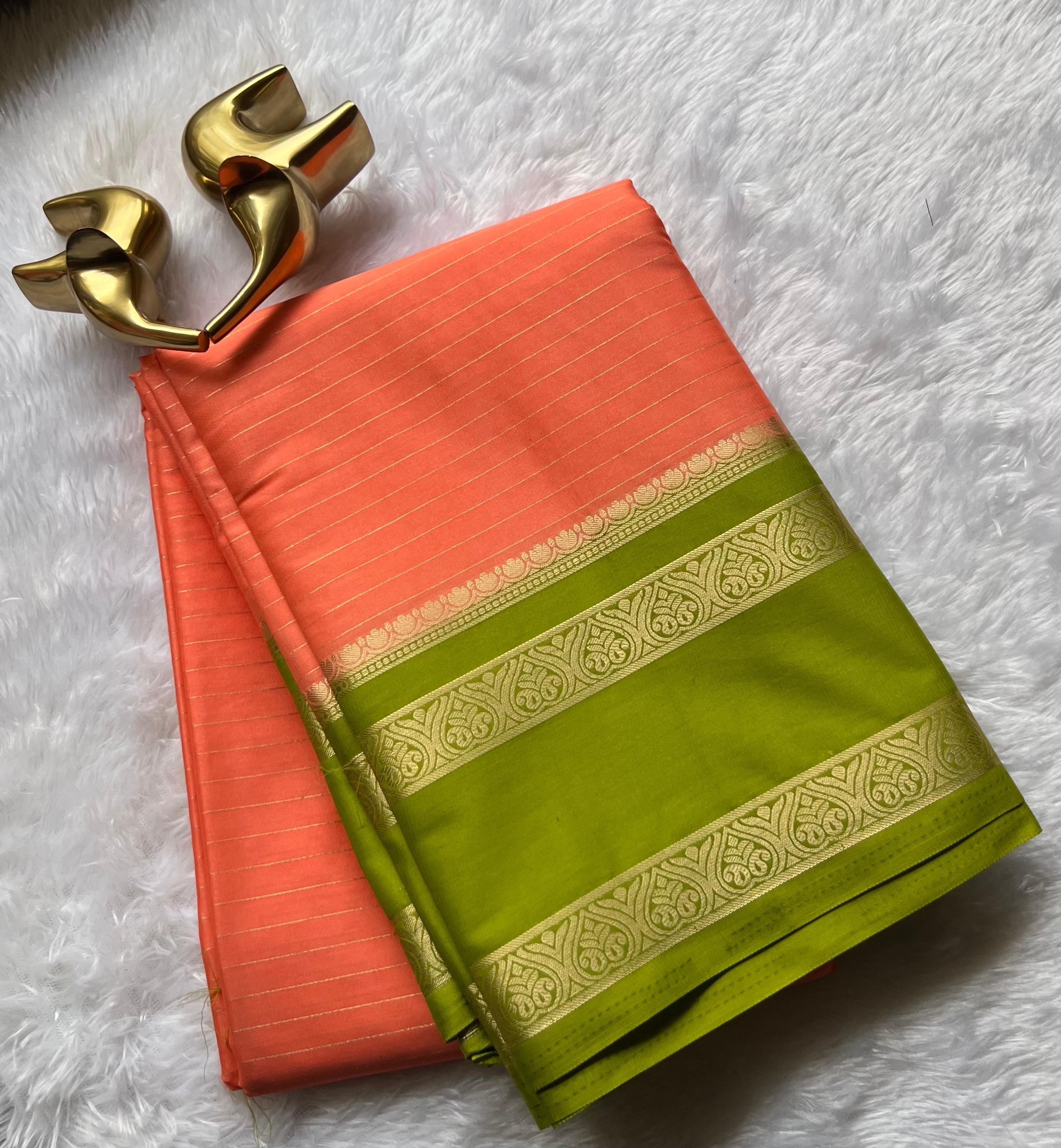 Semi Mysore Silk Small Strip And Double Mango Betex Border, Washable