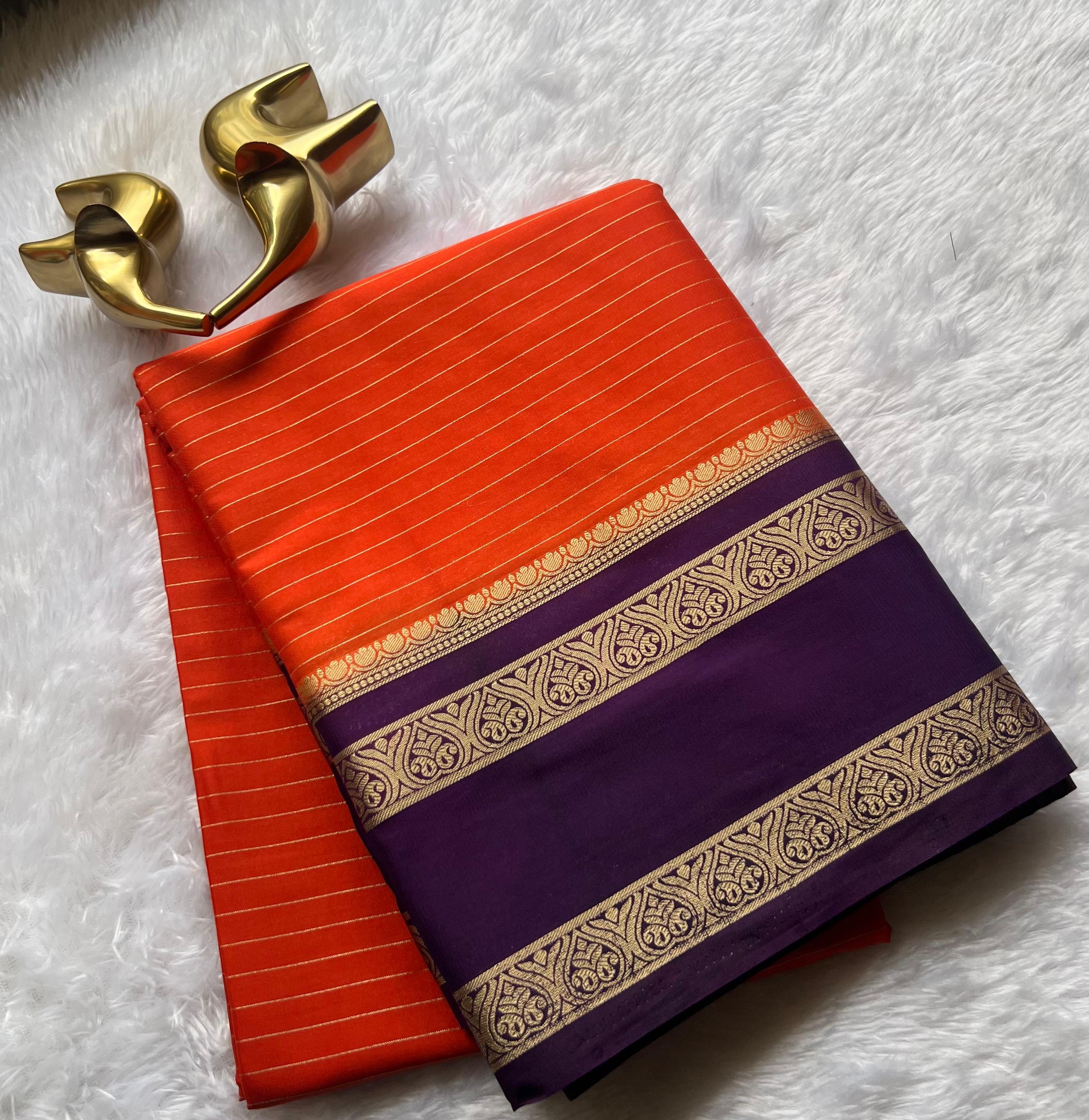 Semi Mysore Silk Small Strip And Double Mango Betex Border, Washable
