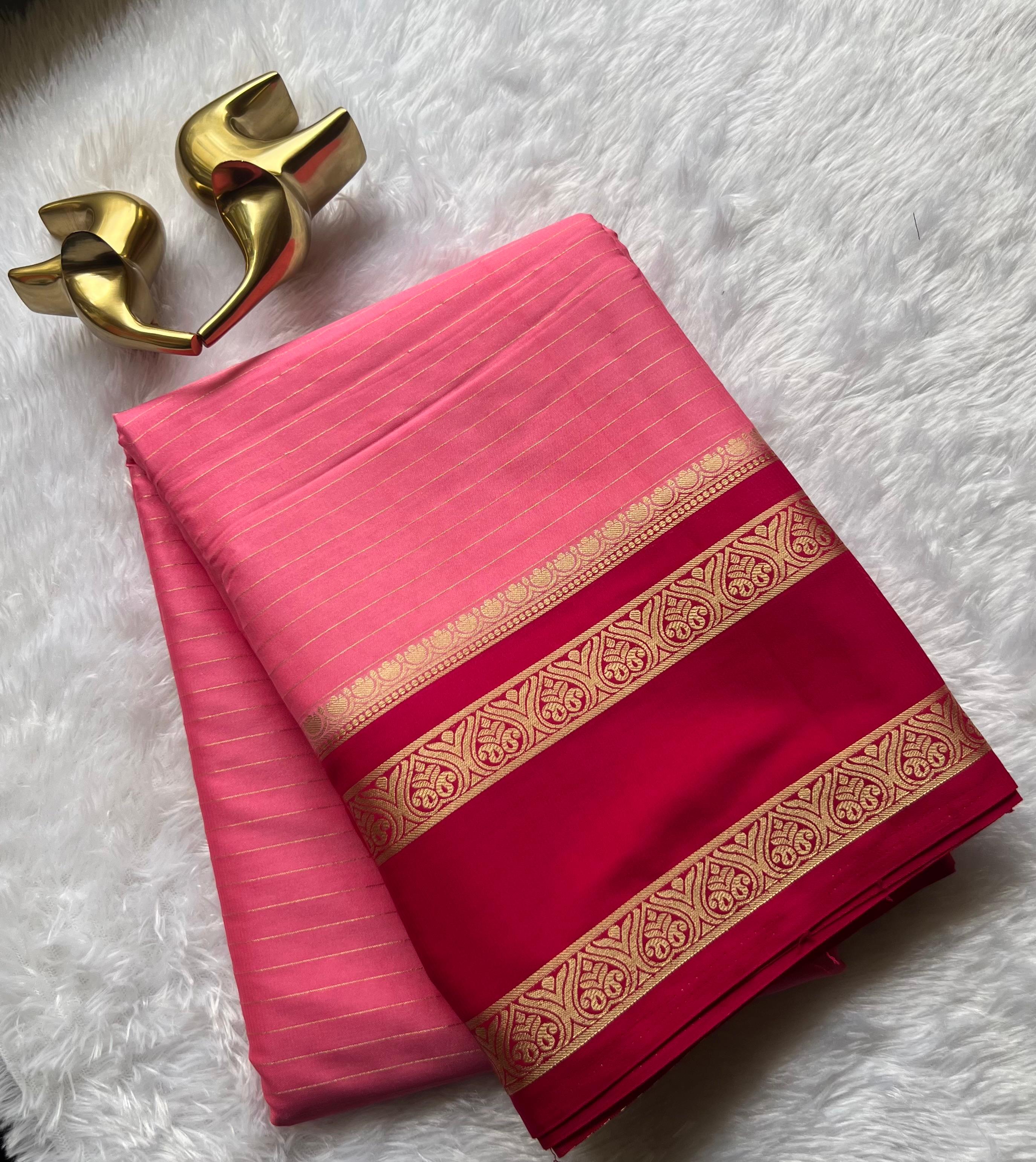 Semi Mysore Silk Small Strip And Double Mango Betex Border, Washable