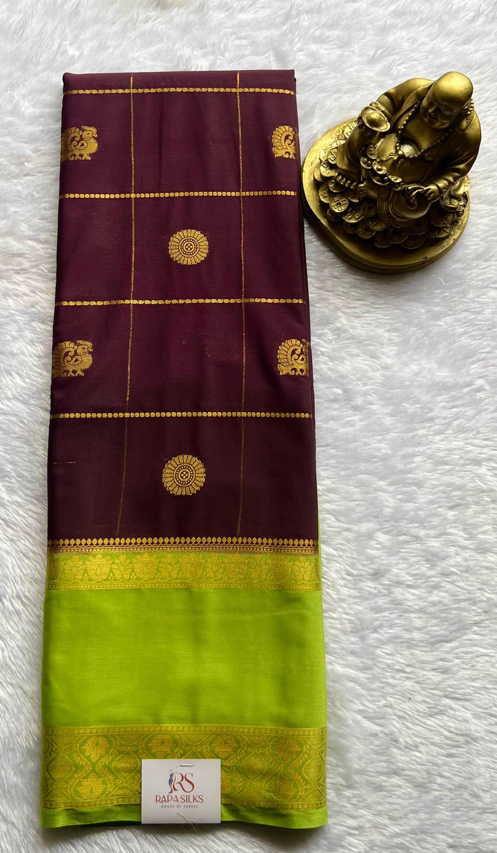 Semi Mysore Silk Big Checks With Pecock & Flower Butta And Lotus Betex Border,Washable