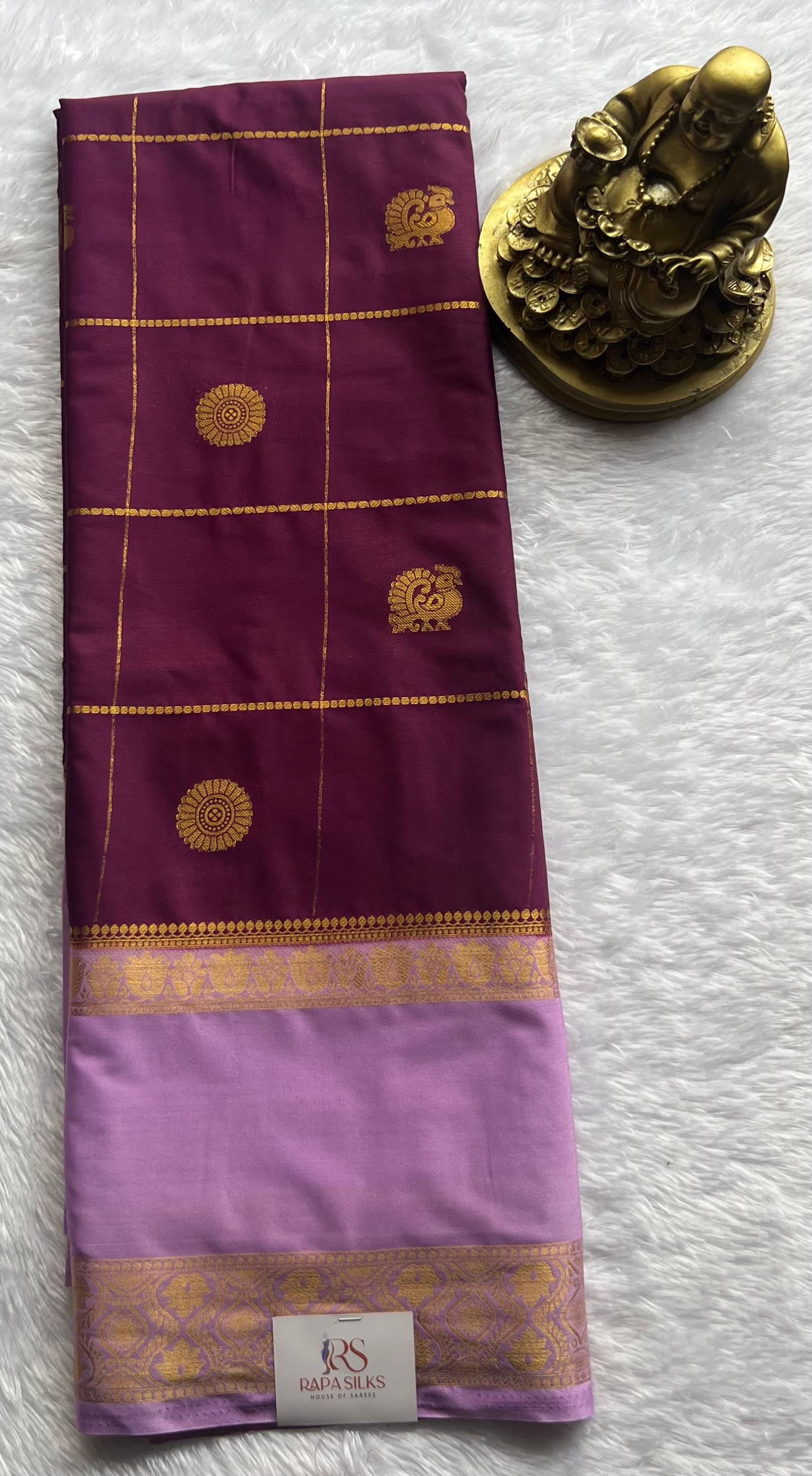 Semi Mysore Silk Big Checks With Pecock & Flower Butta And Lotus Betex Border,Washable
