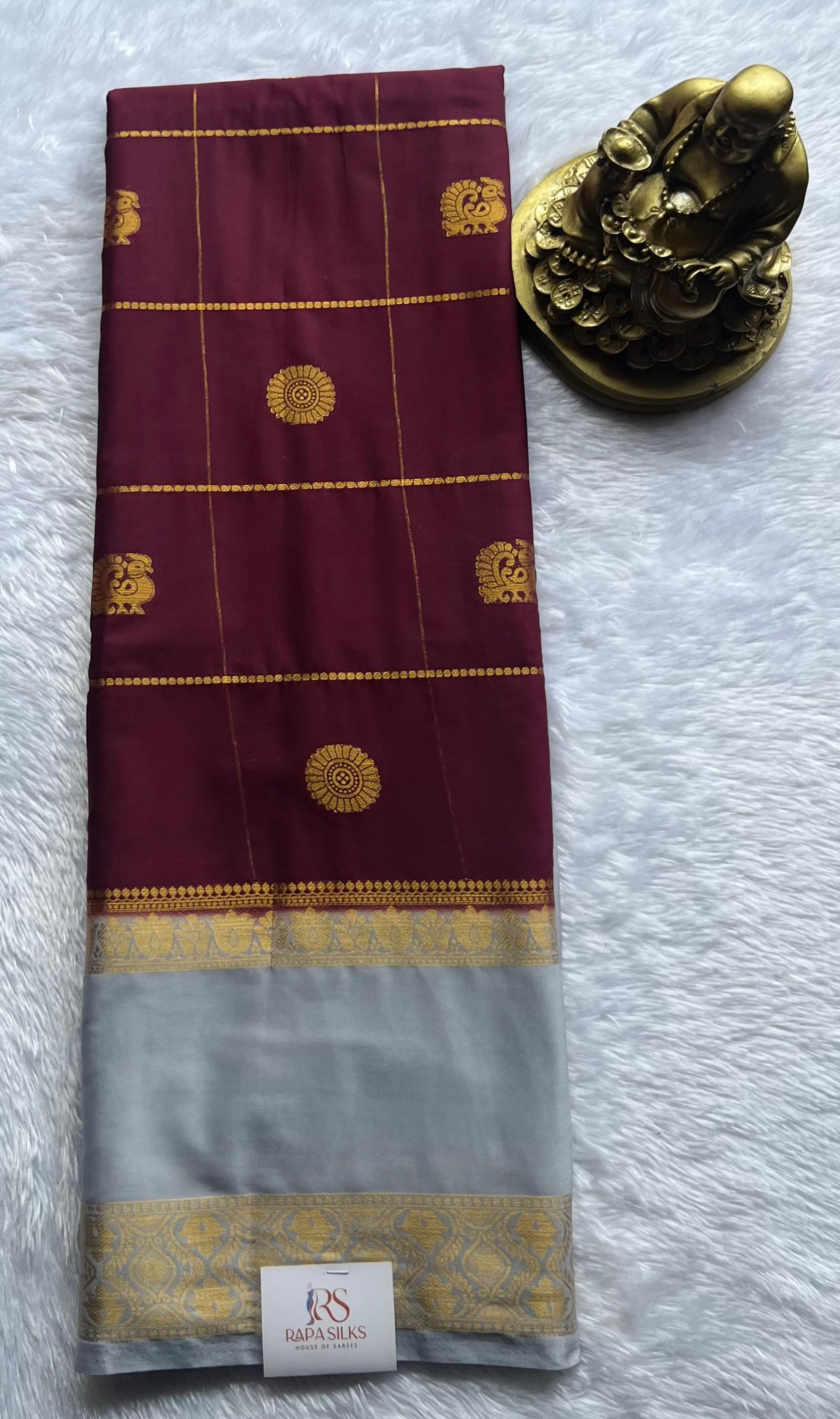 Semi Mysore Silk Big Checks With Pecock & Flower Butta And Lotus Betex Border,Washable