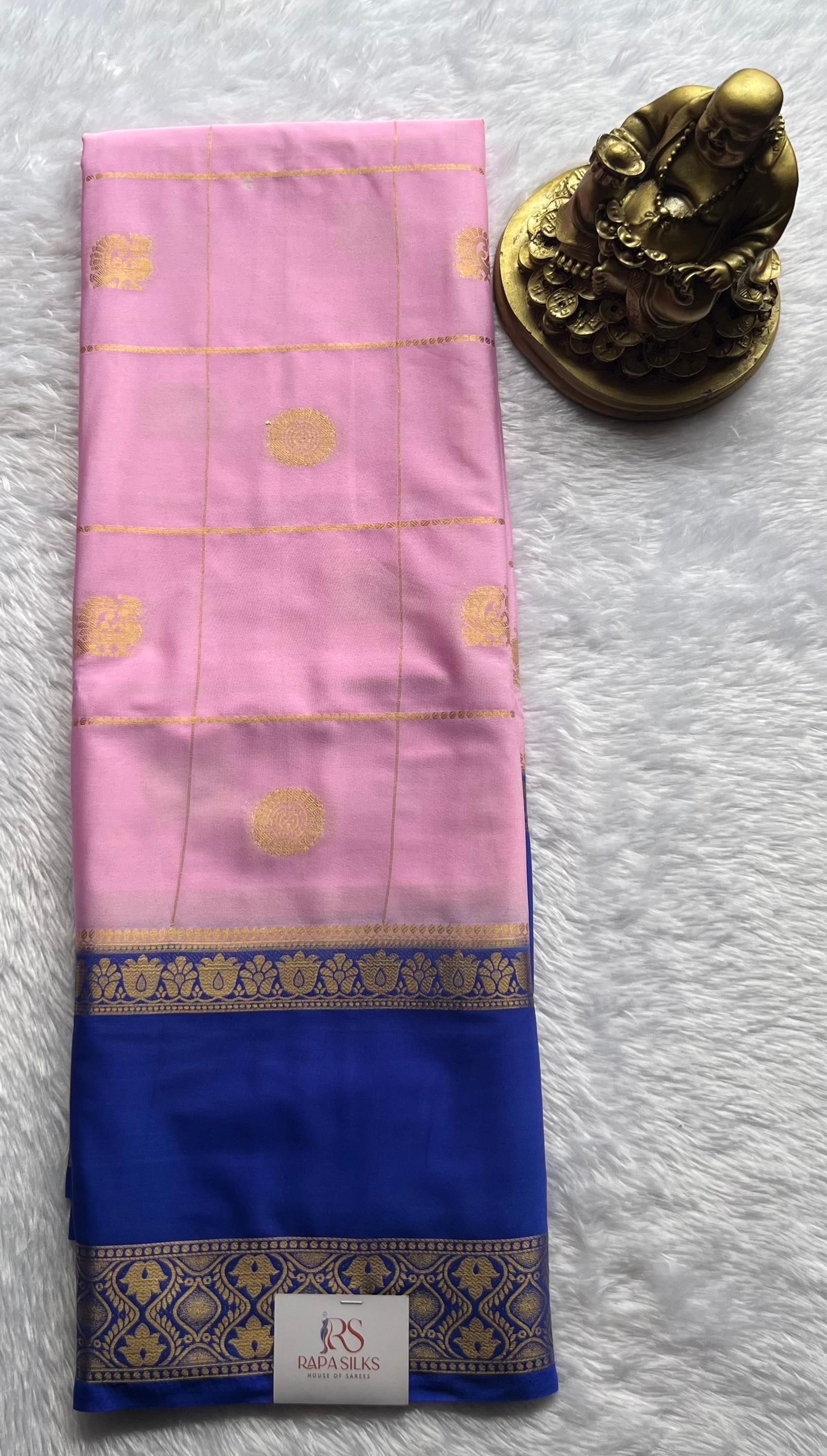 Semi Mysore Silk Big Checks With Pecock & Flower Butta And Lotus Betex Border,Washable