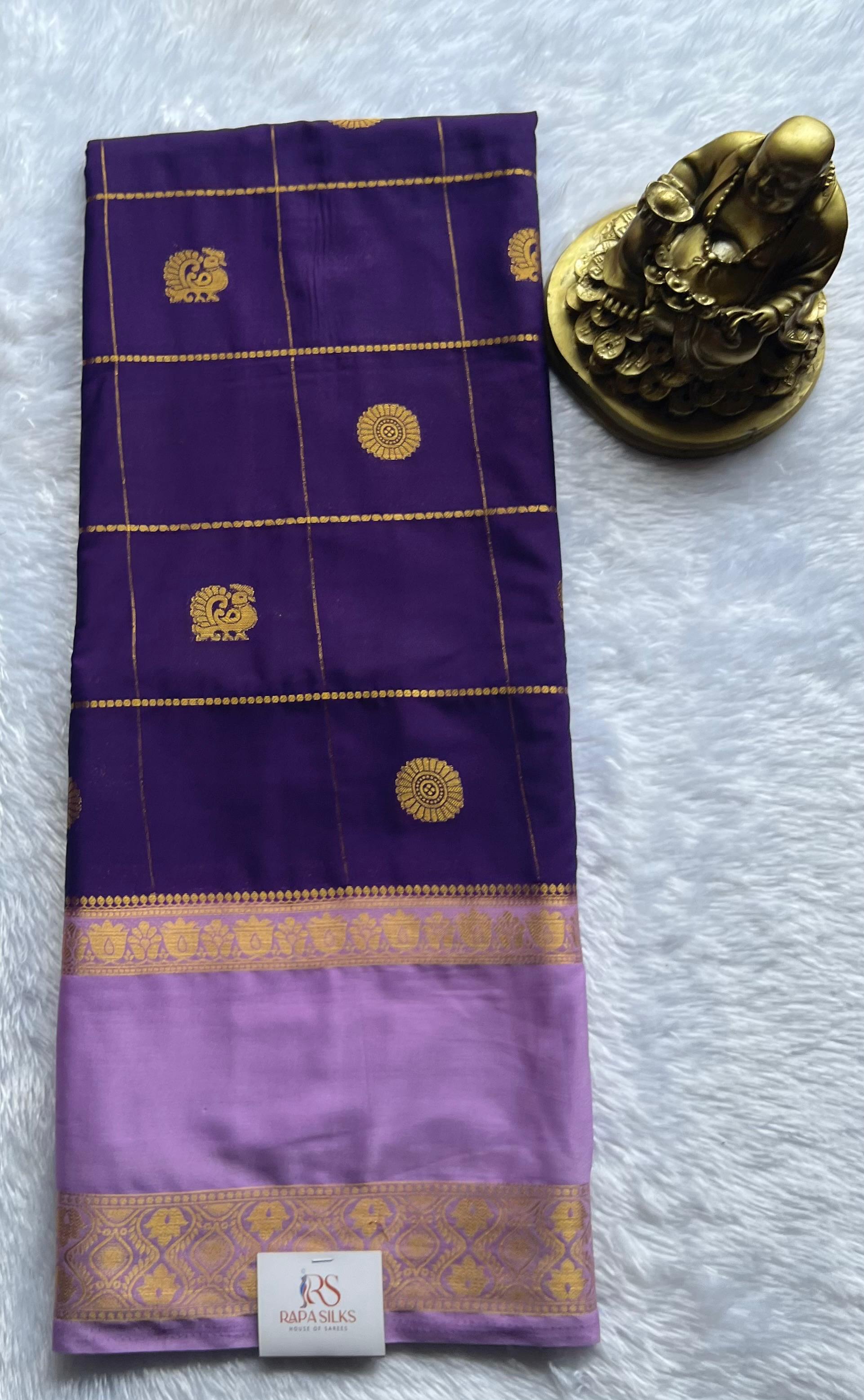 Semi Mysore Silk Big Checks With Pecock & Flower Butta And Lotus Betex Border,Washable