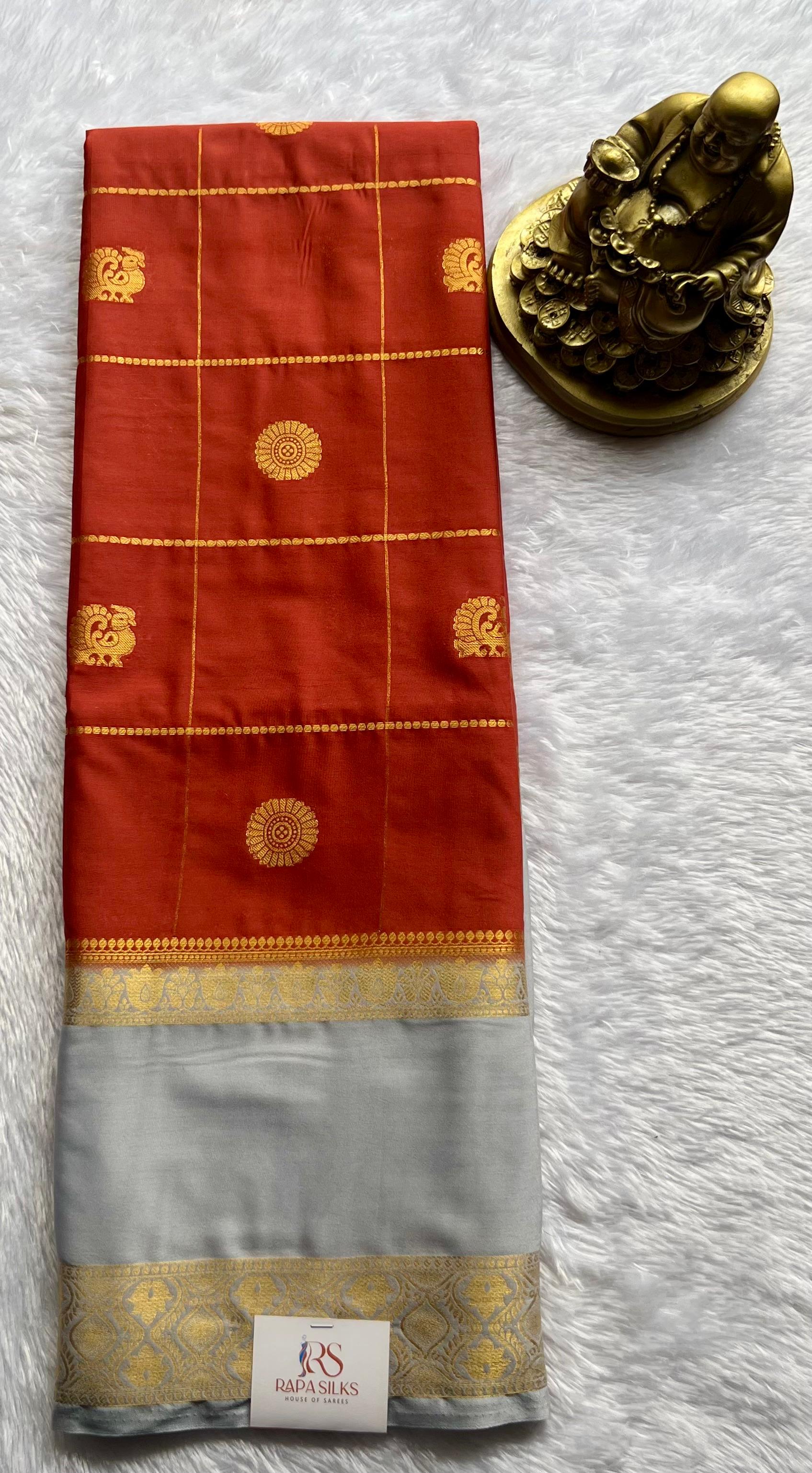 Semi Mysore Silk Big Checks With Pecock & Flower Butta And Lotus Betex Border,Washable