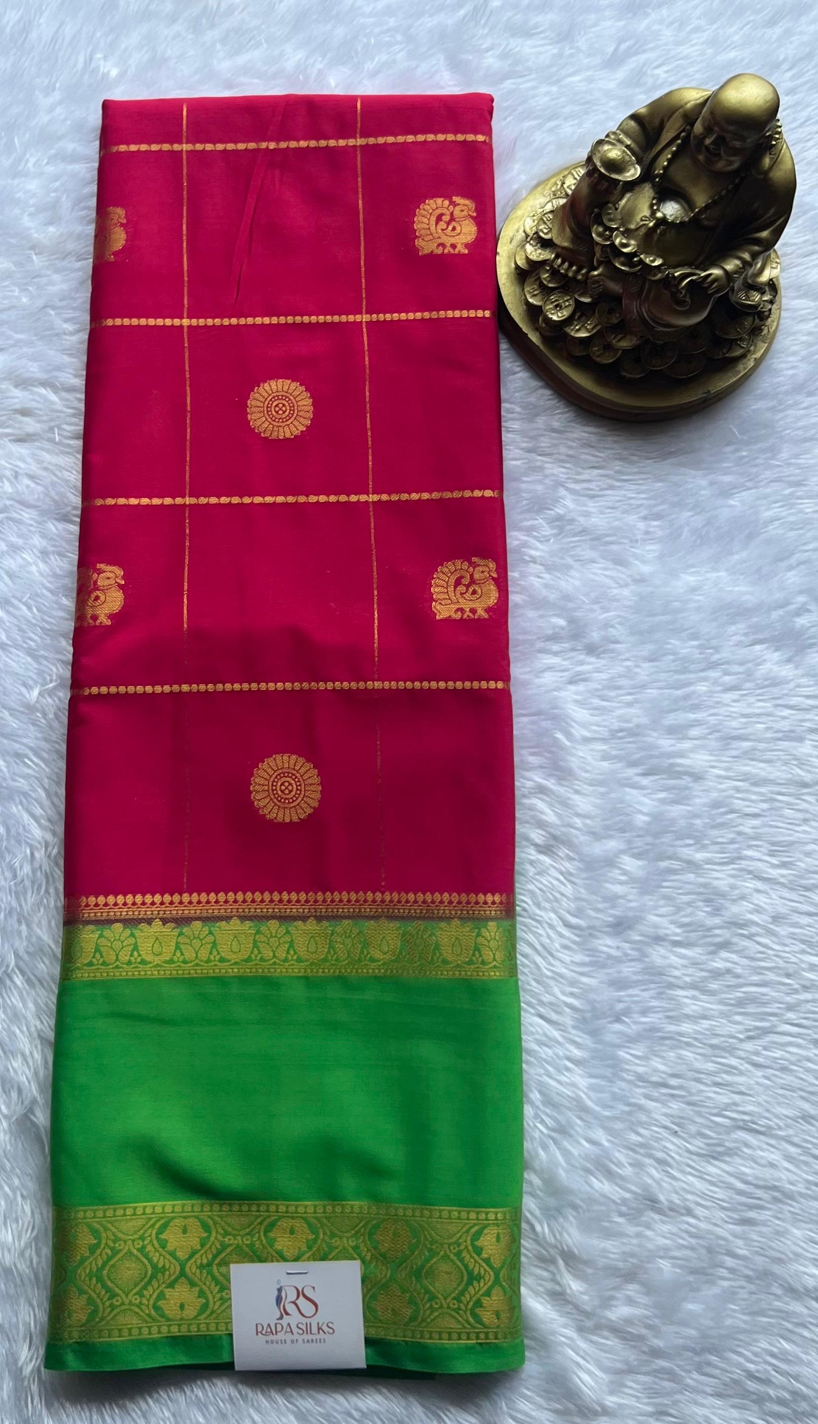 Semi Mysore Silk Big Checks With Pecock & Flower Butta And Lotus Betex Border,Washable