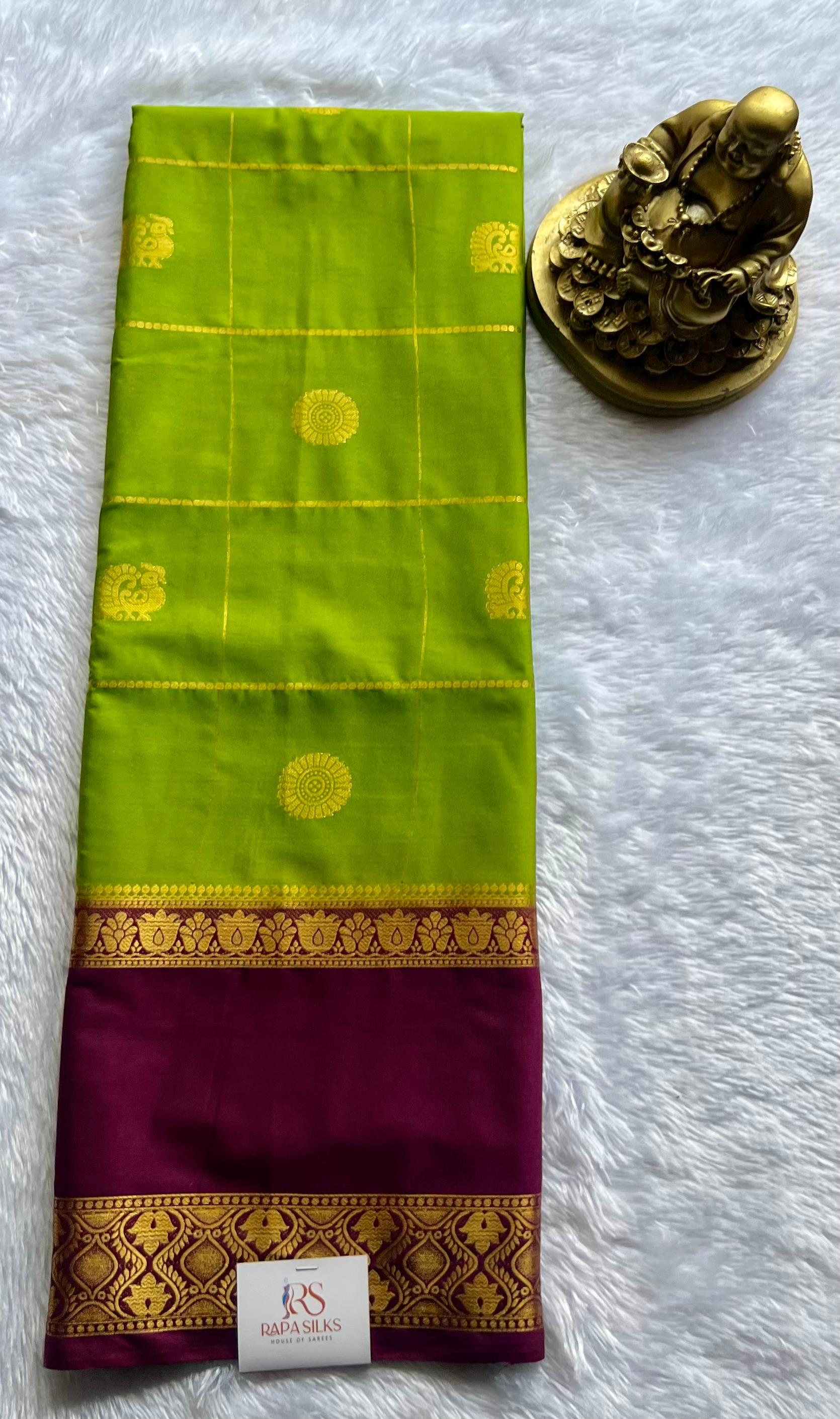 Semi Mysore Silk Big Checks With Pecock & Flower Butta And Lotus Betex Border,Washable