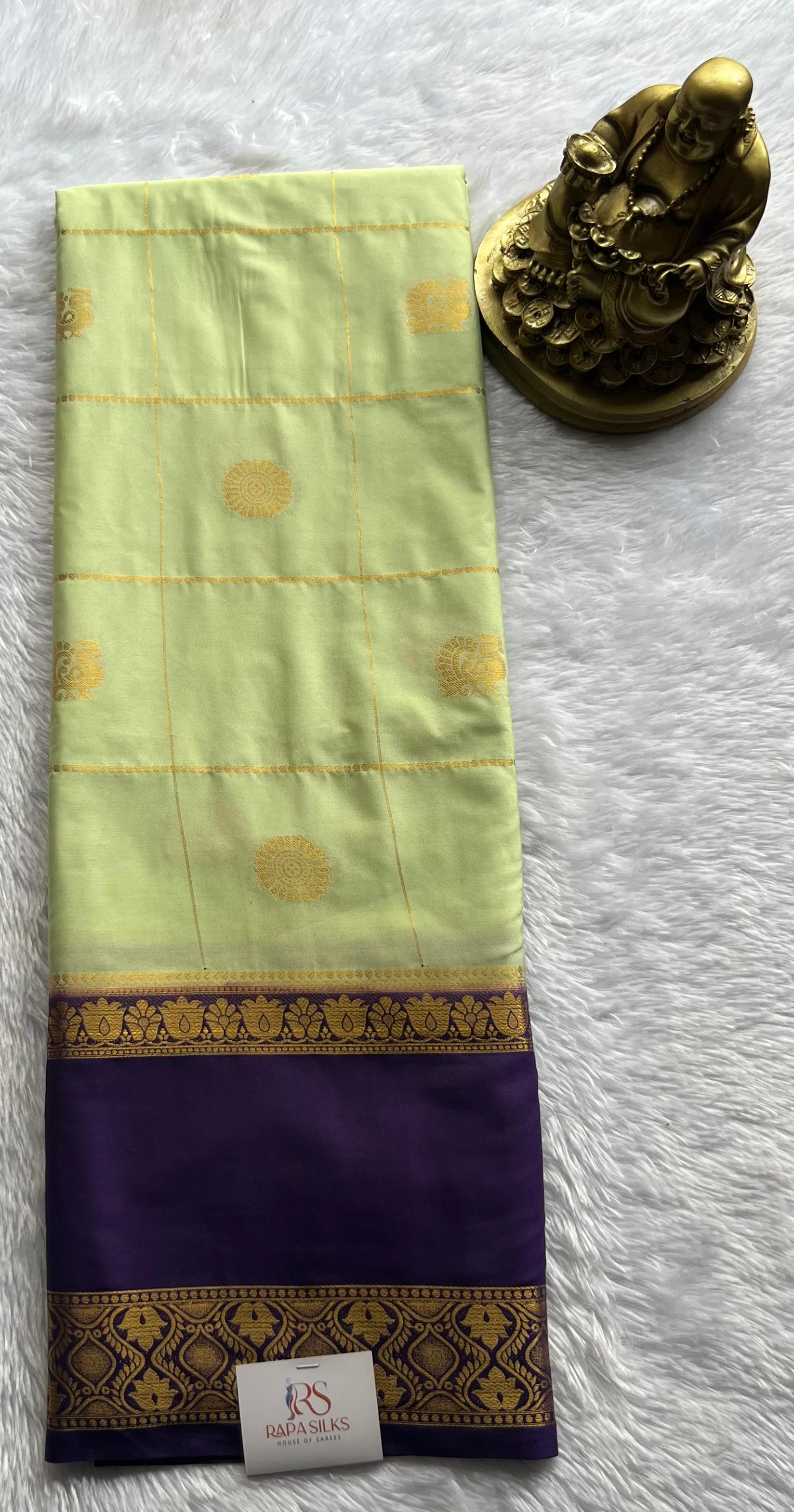 Semi Mysore Silk Big Checks With Pecock & Flower Butta And Lotus Betex Border,Washable
