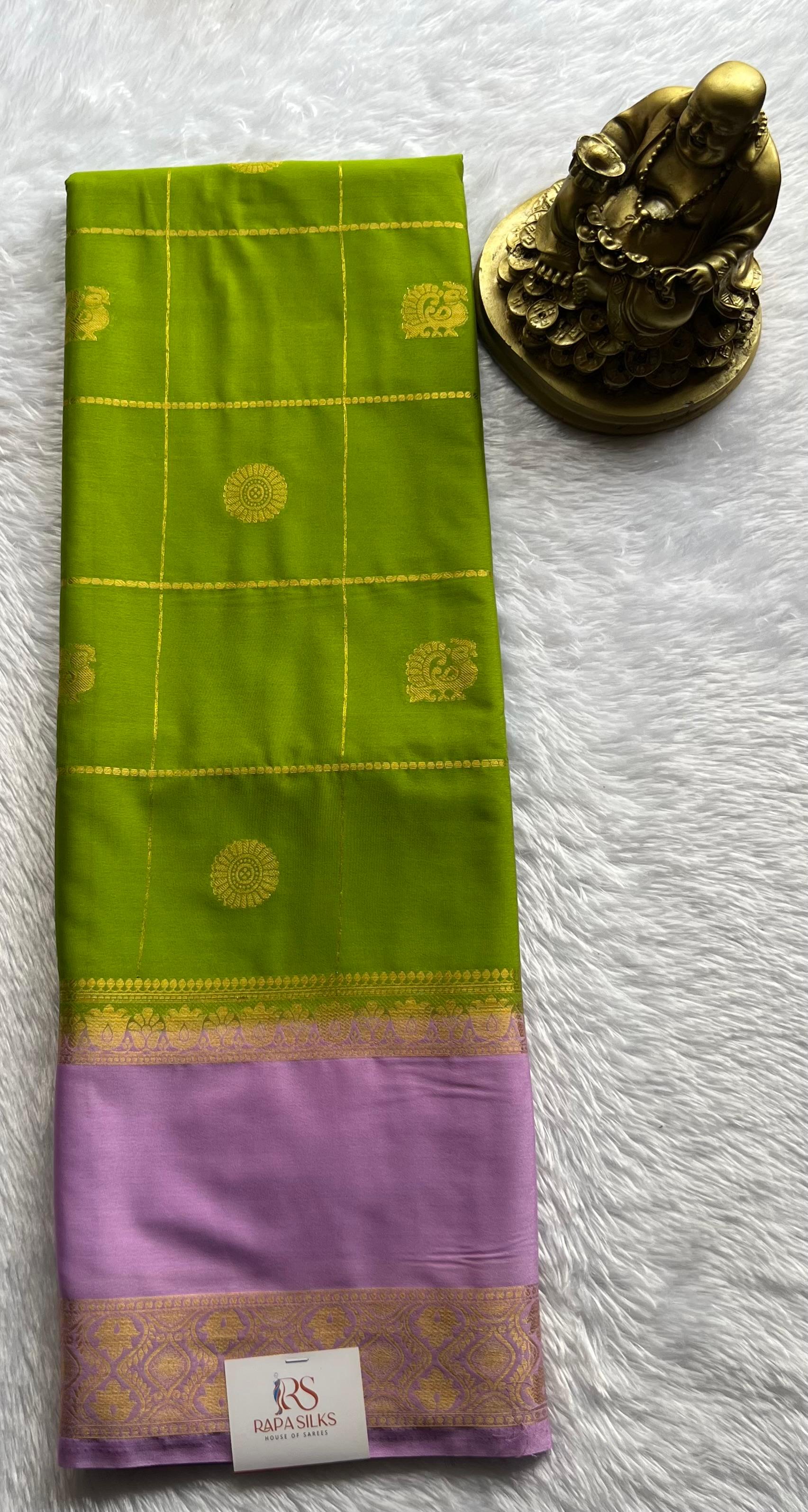 Semi Mysore Silk Big Checks With Pecock & Flower Butta And Lotus Betex Border,Washable
