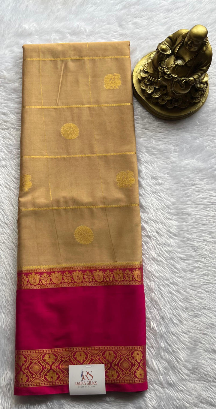 Semi Mysore Silk Big Checks With Pecock & Flower Butta And Lotus Betex Border,Washable