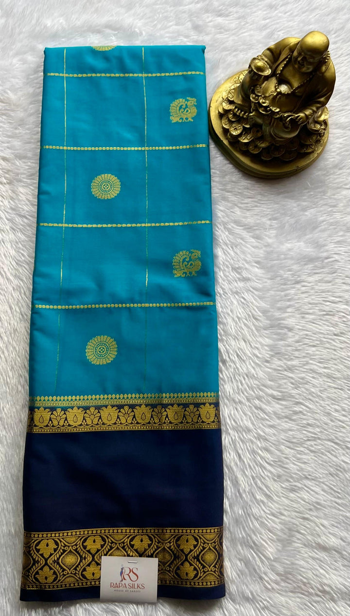 Semi Mysore Silk Big Checks With Pecock & Flower Butta And Lotus Betex Border,Washable