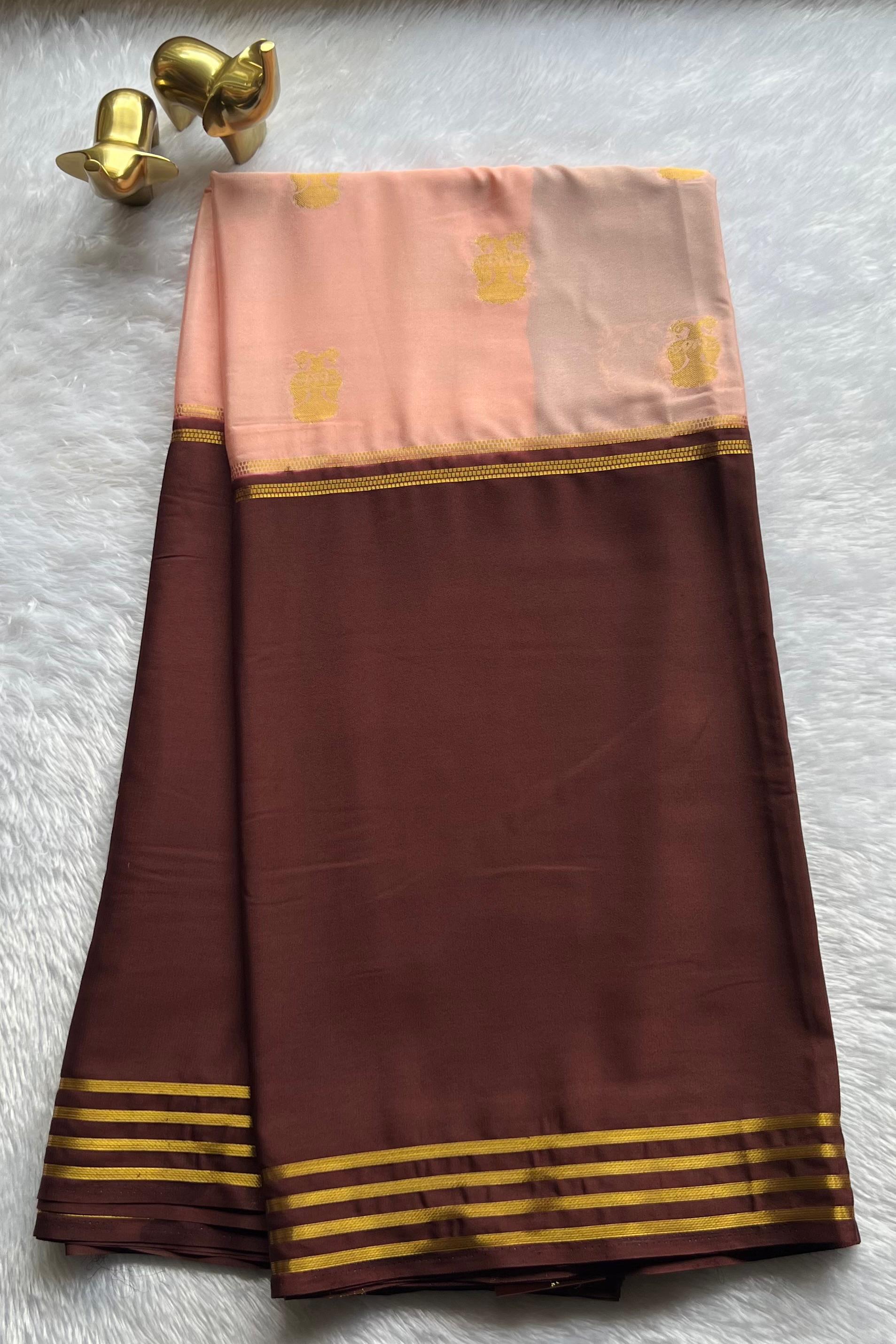 Semi Mysore Silk Royal Gandaberuda With Double Colour Striped Border , Washable