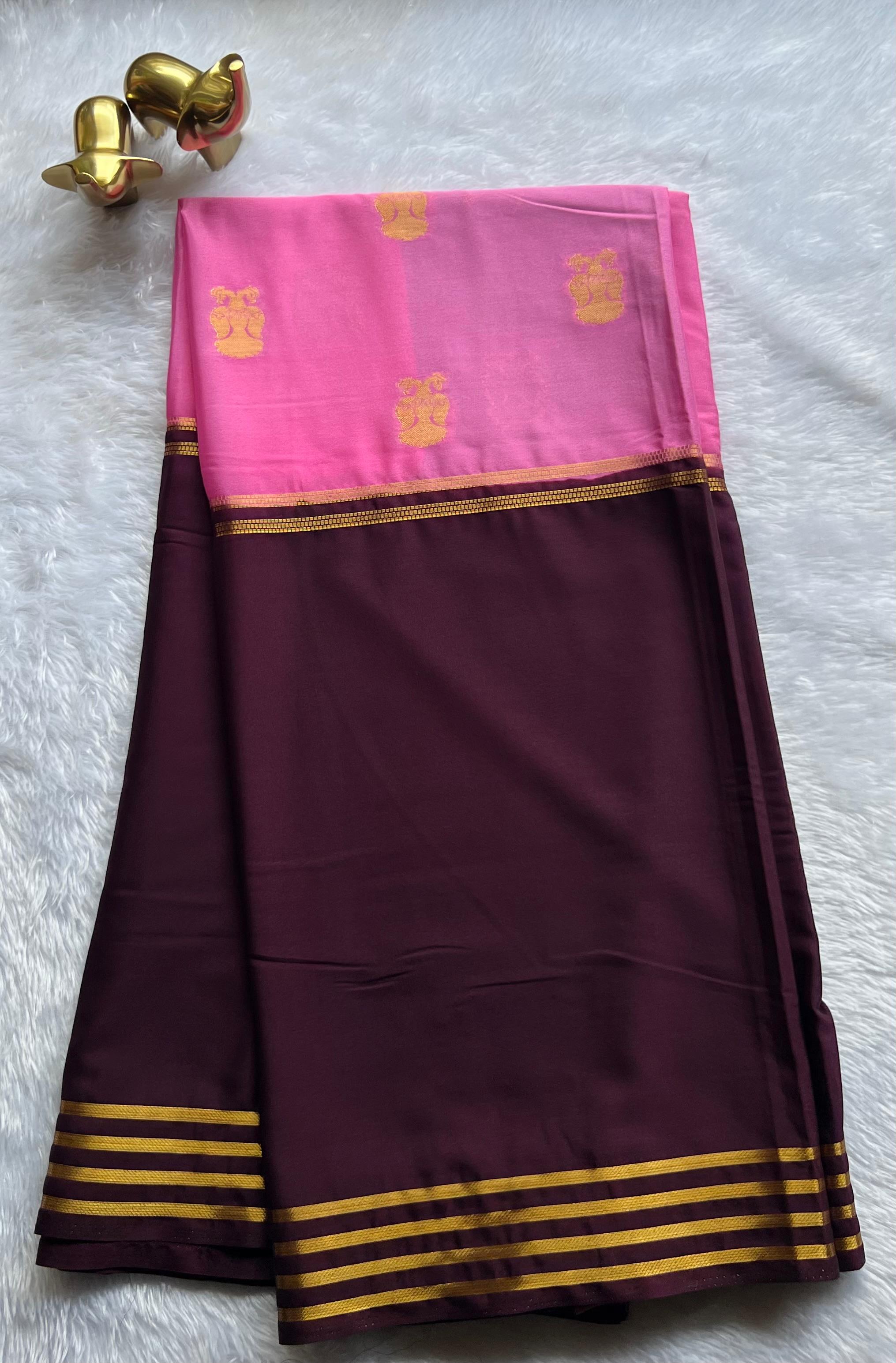 Semi Mysore Silk Royal Gandaberuda With Double Colour Striped Border , Washable