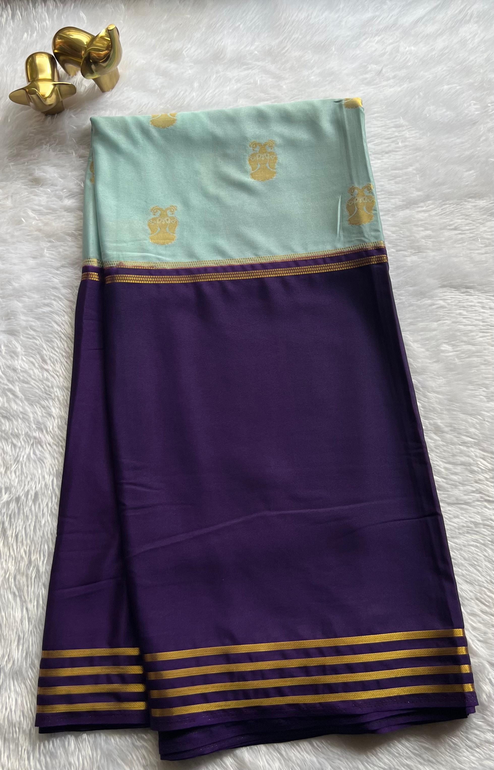 Semi Mysore Silk Royal Gandaberuda With Double Colour Striped Border , Washable