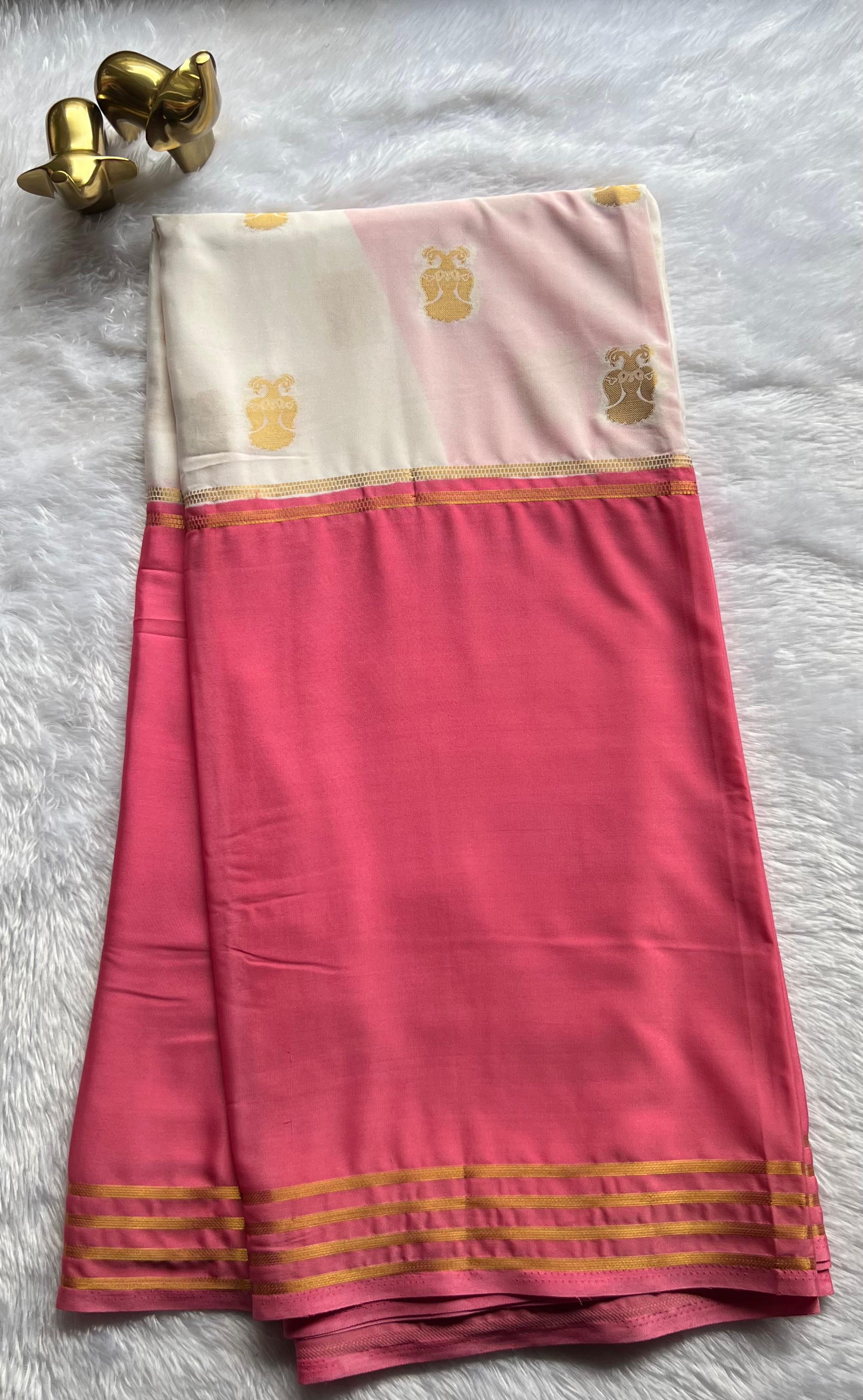 Semi Mysore Silk Royal Gandaberuda With Double Colour Striped Border , Washable