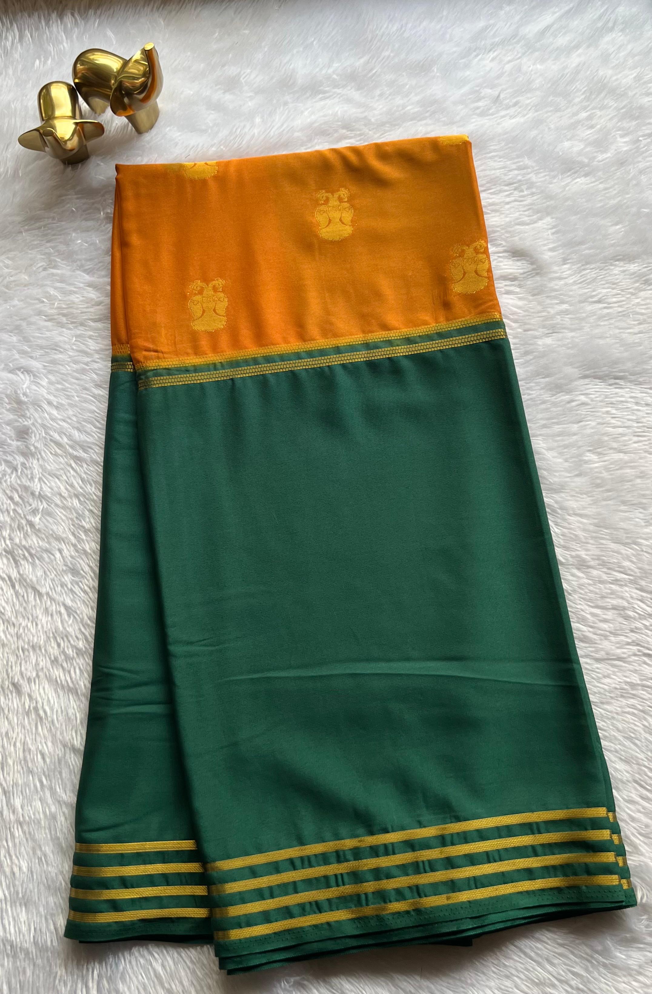 Semi Mysore Silk Royal Gandaberuda With Double Colour Striped Border , Washable